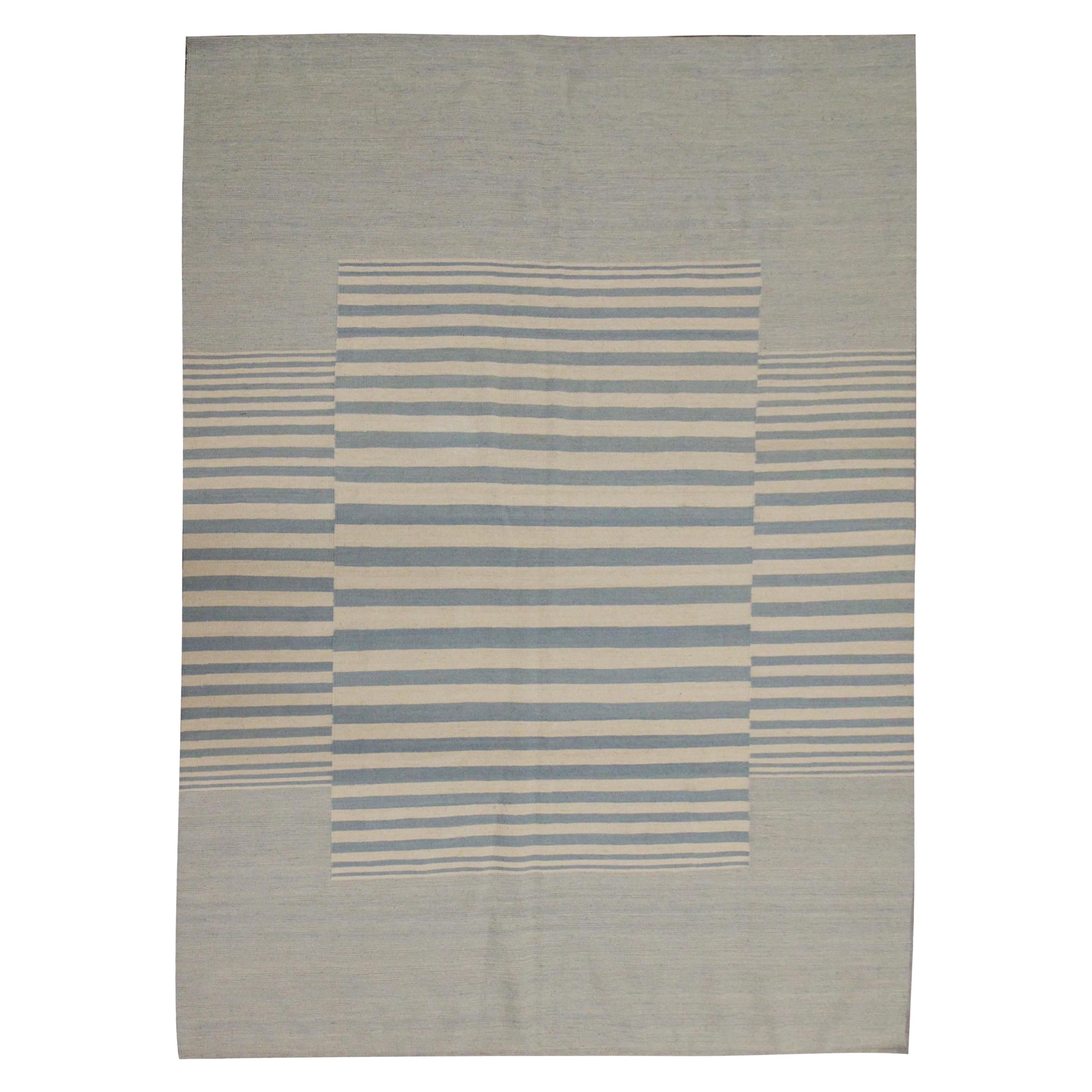 Modern Striped Kilim Rug Handmade Carpet Blue Cream Wool Flat Area Rug