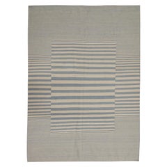 Tapis Kilim moderne à rayures fait à la main Tapis de laine bleu crème Tapis plat