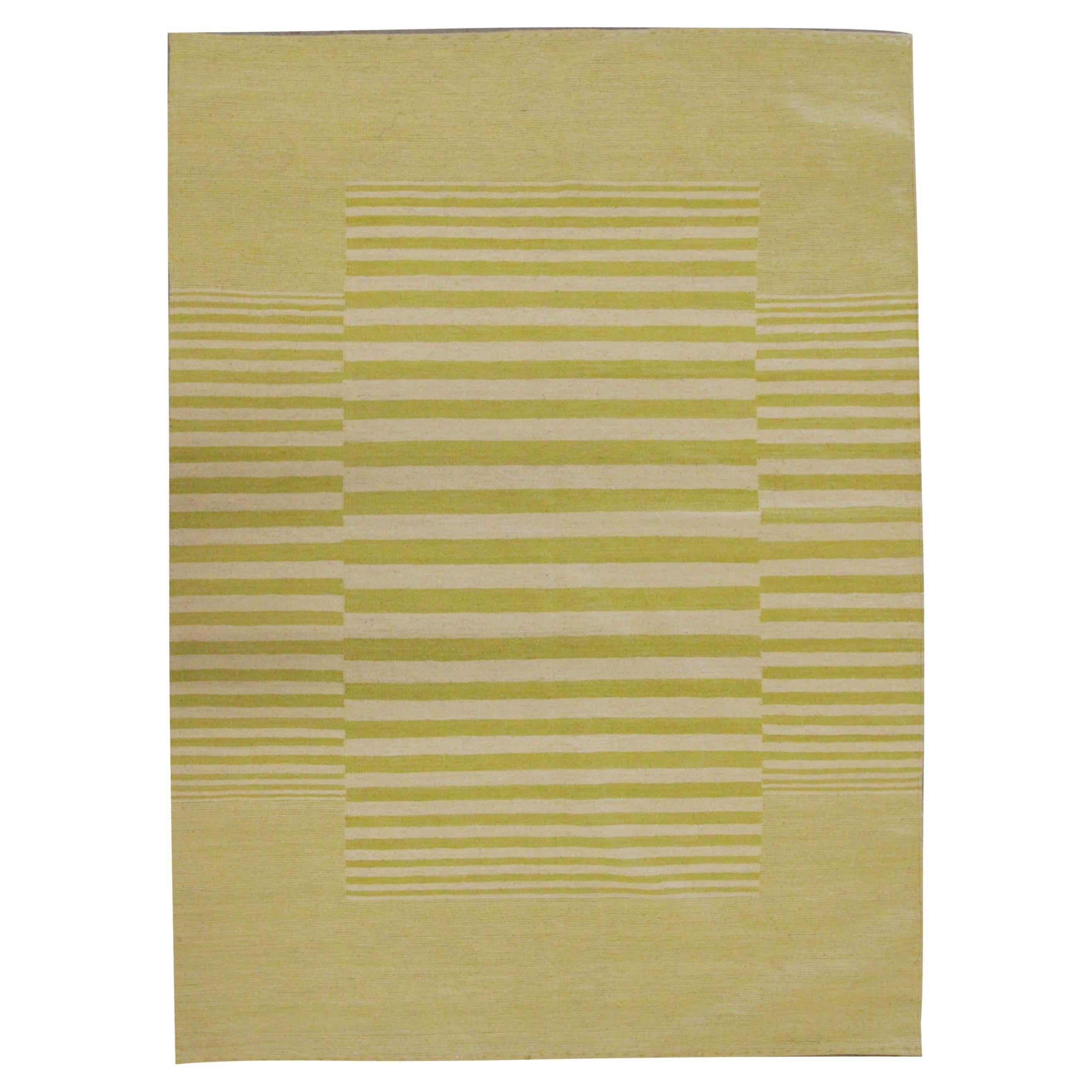 Modern Striped Kilim Rug Handmade Carpet Mustard Yellow Wool Area Rug