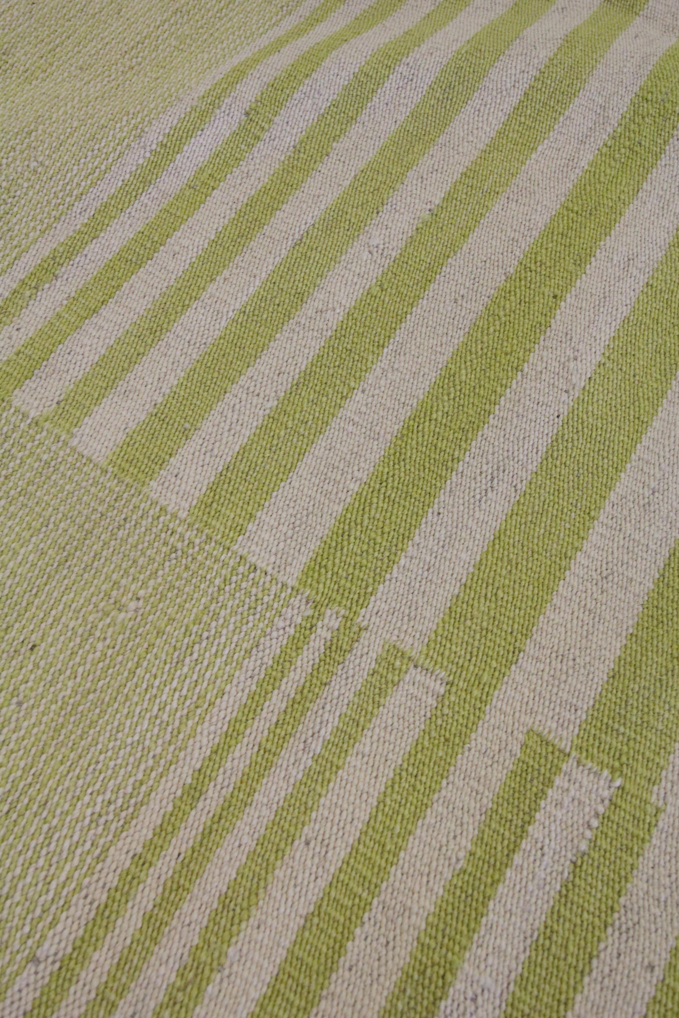 Hand-Knotted Modern Striped Kilim Rug Handmade Kelim Carpet Mustard Yellow Wool Area Rug For Sale