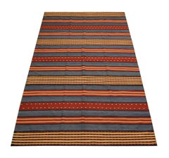 Modern Striped Kilim Rug, Handmade Flatwoven Red Blue Wool Area Rug