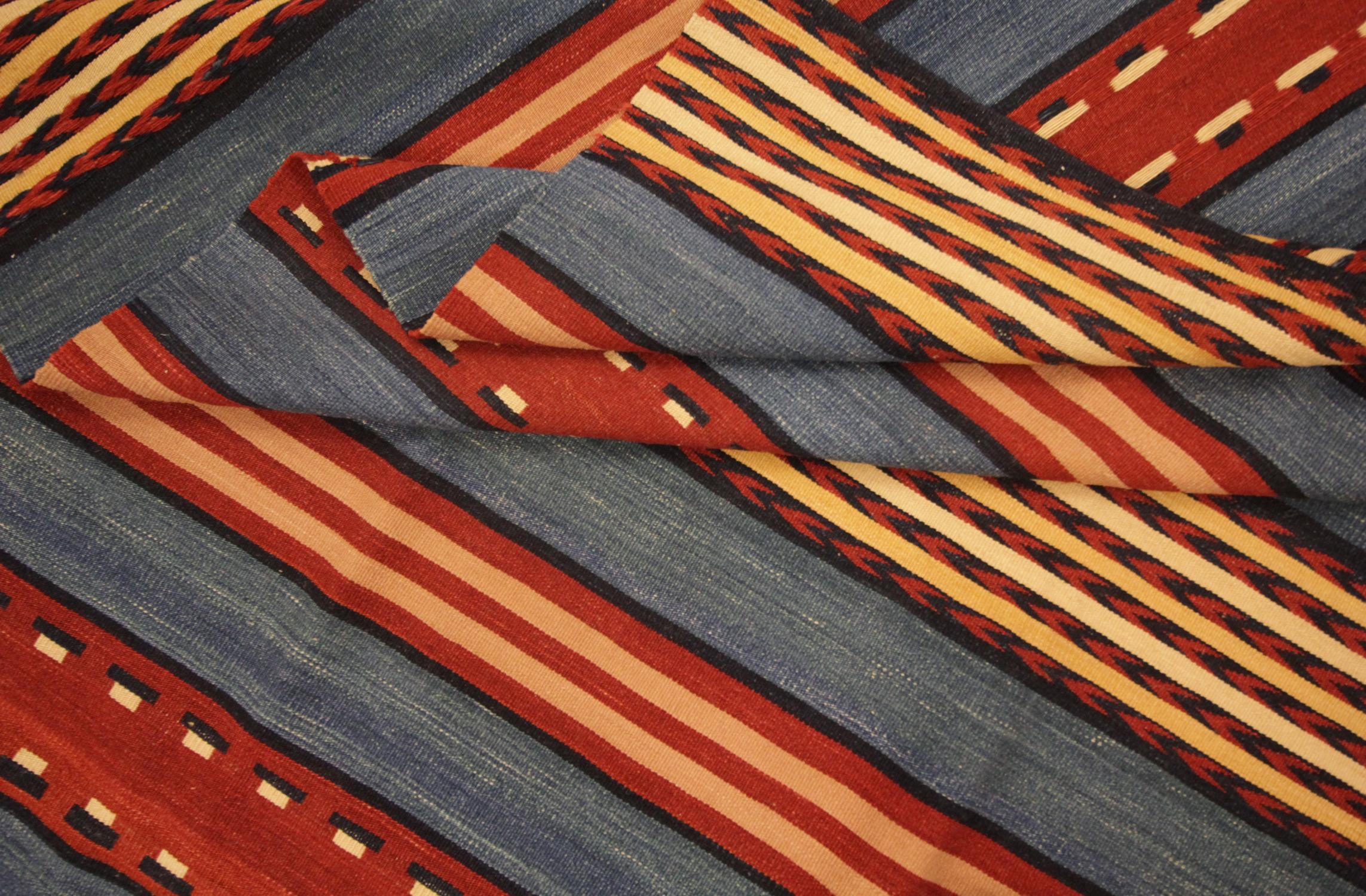Needlework Modern Striped Kilim Rug, Handmade Flatwoven Red Blue Wool Area Rug For Sale