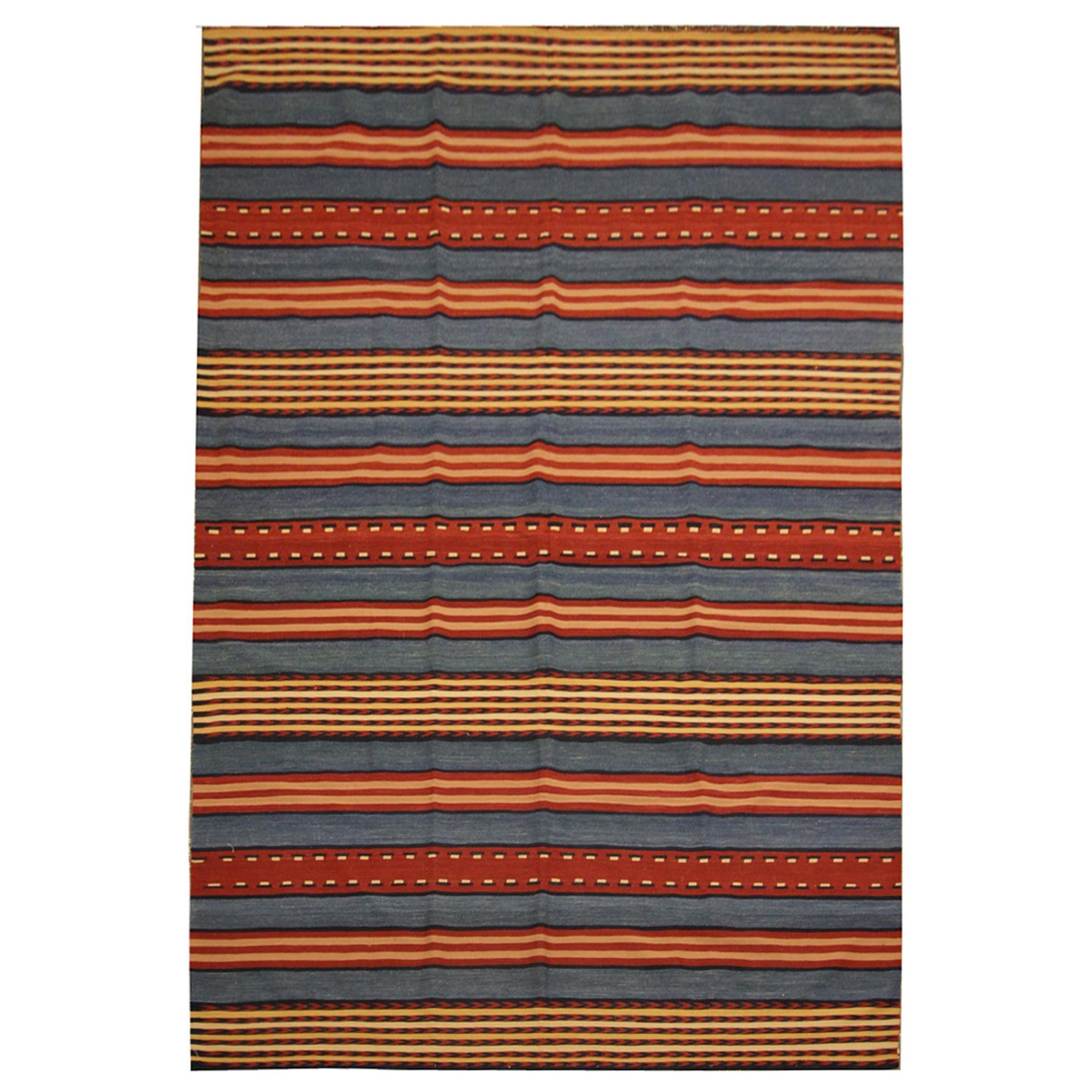 Modern Striped Kilim Rug, Handmade Flatwoven Red Blue Wool Area Rug
