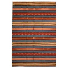 Tappeto Kilim moderno a strisce, Tappeto di lana rosso-blu tessuto a mano in piano