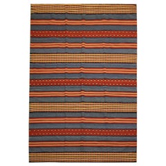 Modern Striped Kilim Rug, Handmade Flatwoven Red Blue Wool Area Rug