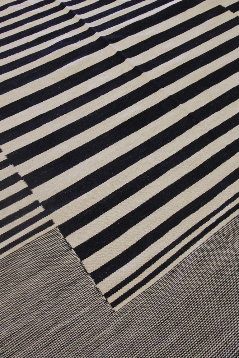 Wool Modern Striped Kilim Rugs, Carpet Area Rug Black Scandinavian Style Kilims For Sale