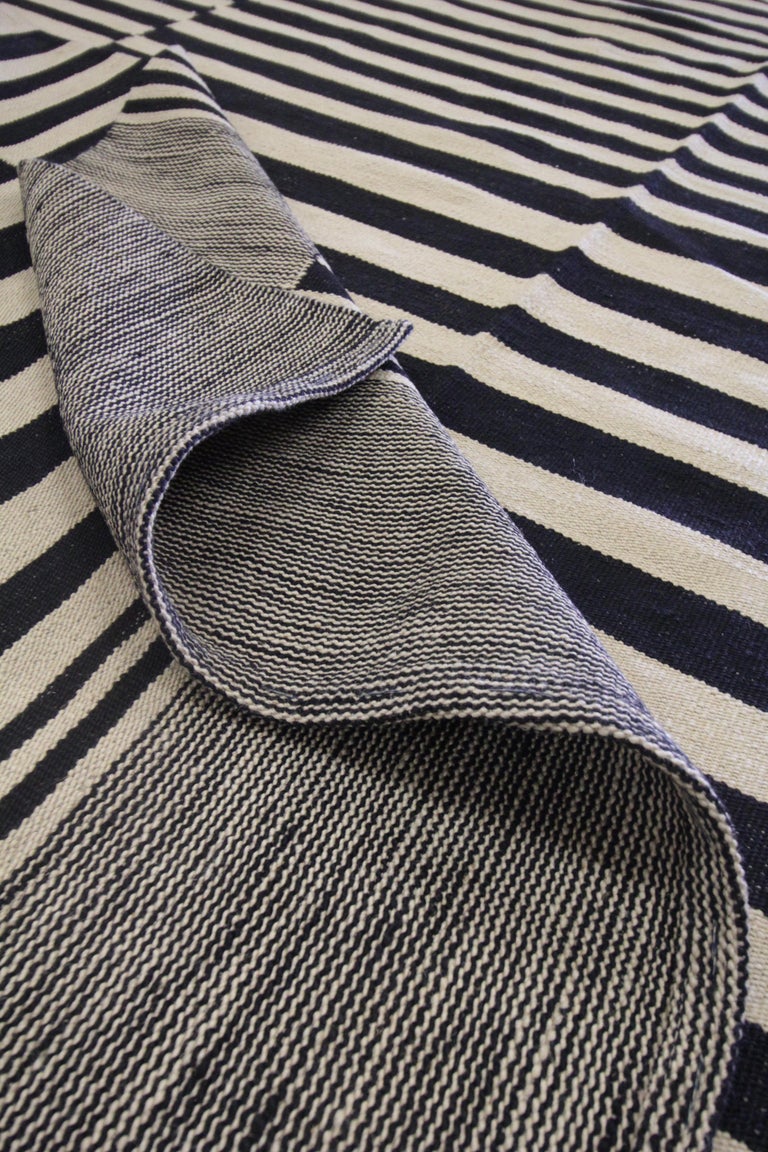 Modern Striped Kilim Rugs, Carpet Area Rug Black Scandinavian Style Kilims For Sale 1