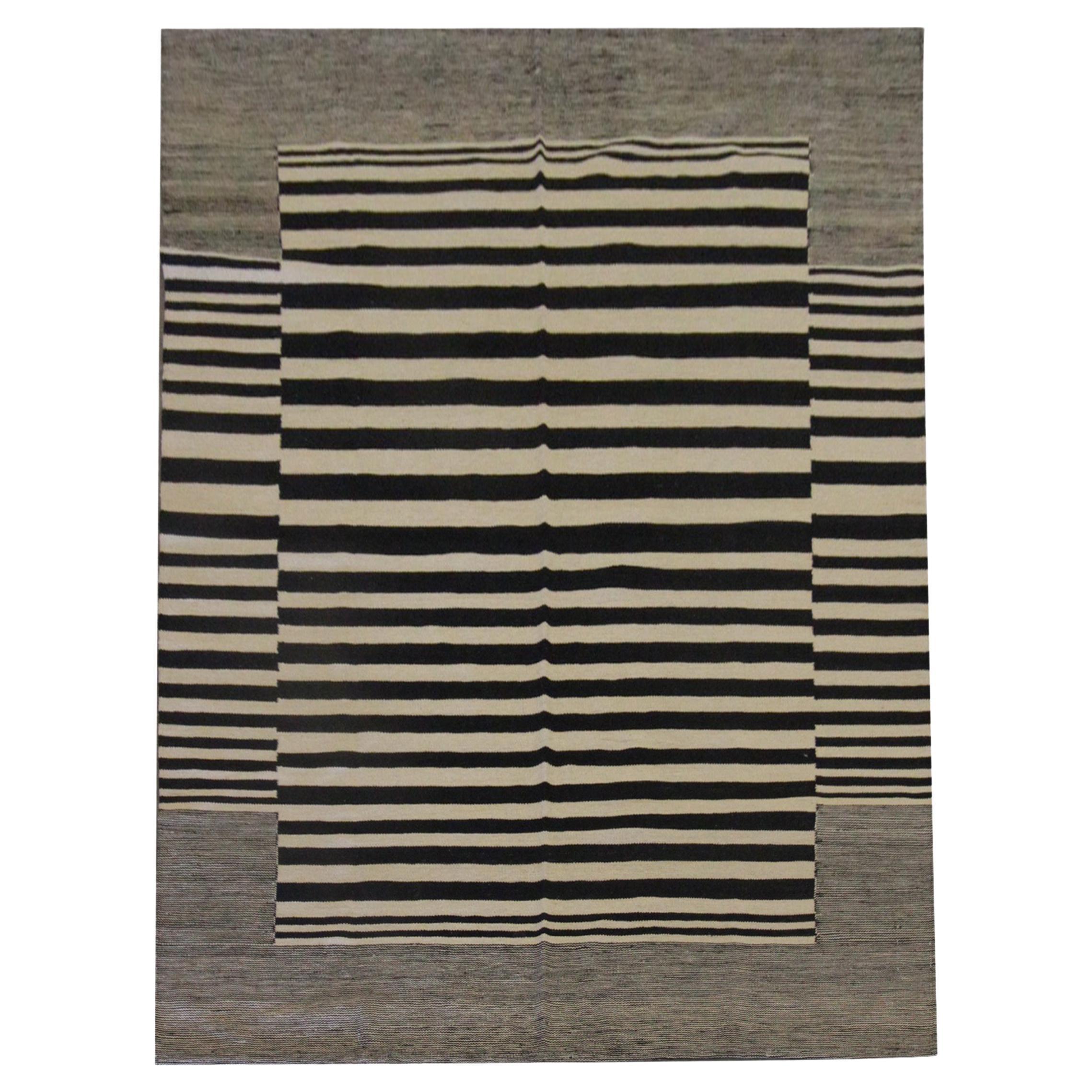 Modern Striped Kilim Rugs, Carpet Area Rug Black Scandinavian Style Kilims