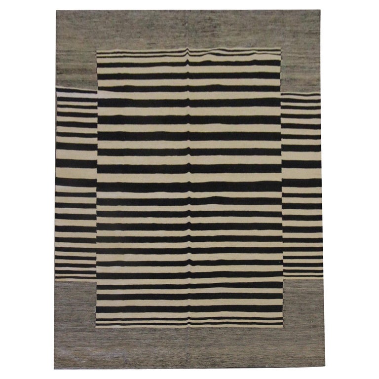 Modern Striped Kilim Rugs, Carpet Area Rug Black Scandinavian Style Kilims For Sale