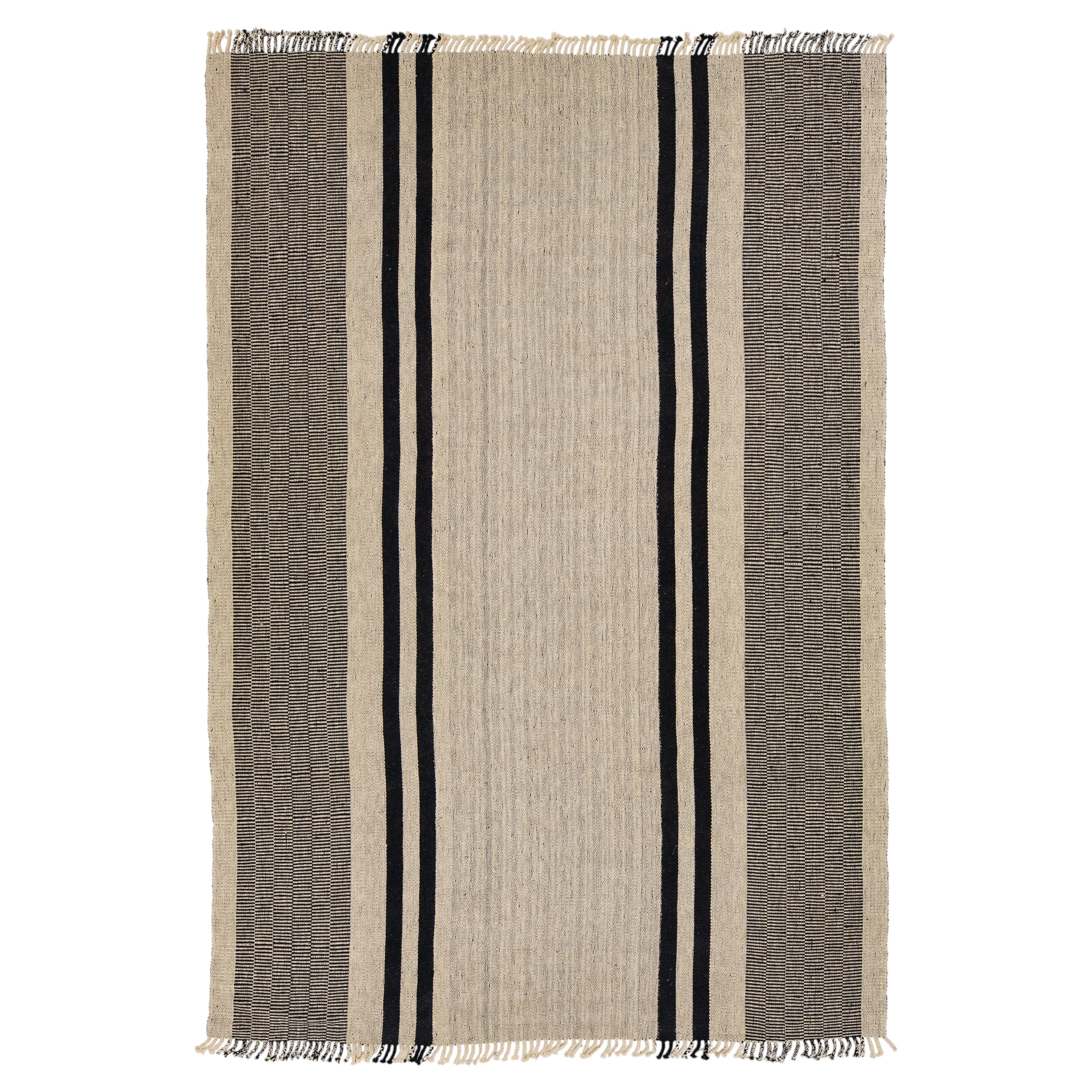 Modern Striped Kilim Wool Rug– Handwoven Flatweave Rug in Beige & Black 10x15