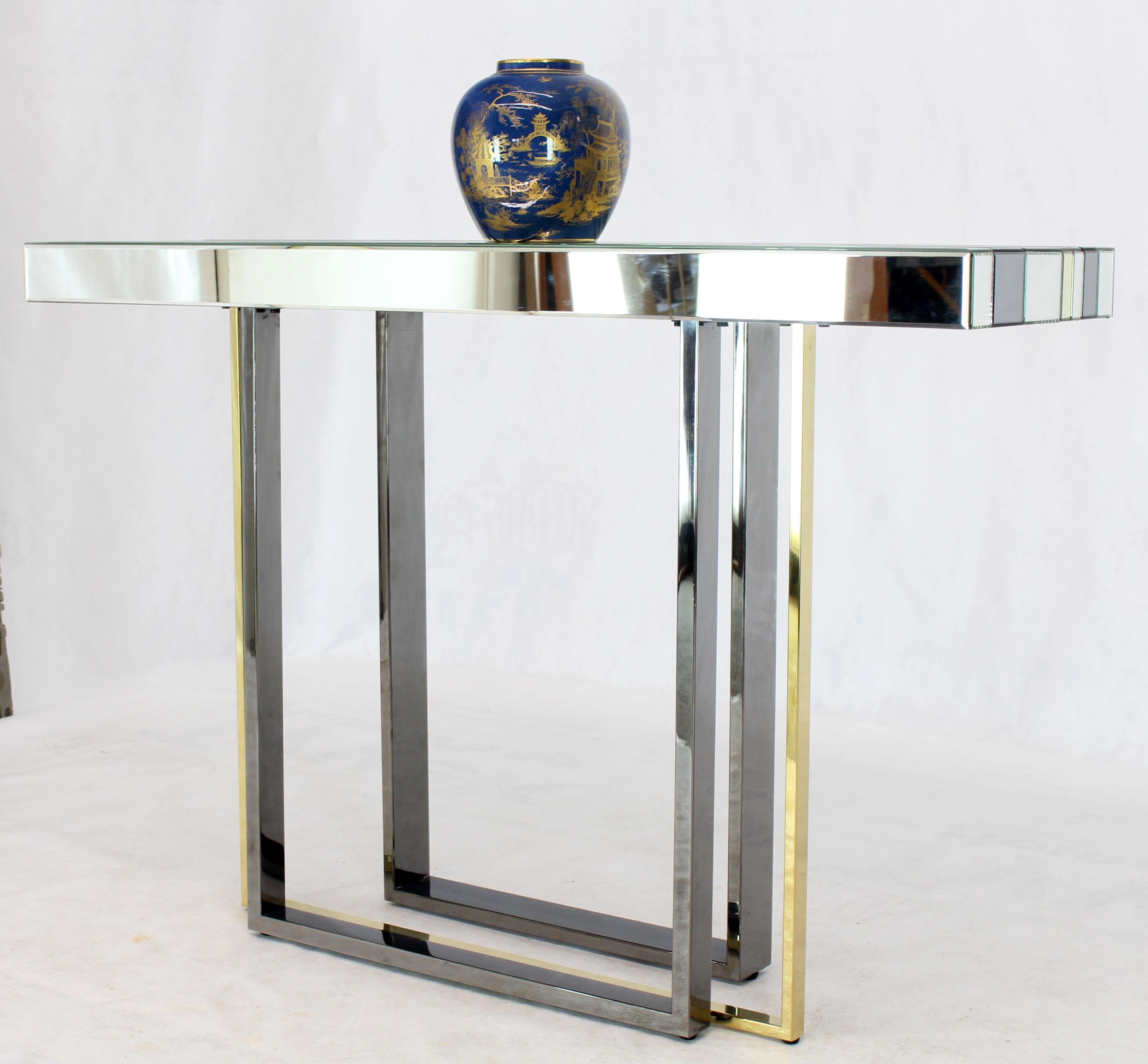 Unknown Modern Striped Mirror Tiles Top Console Smoked Chrome and Brass Legs
