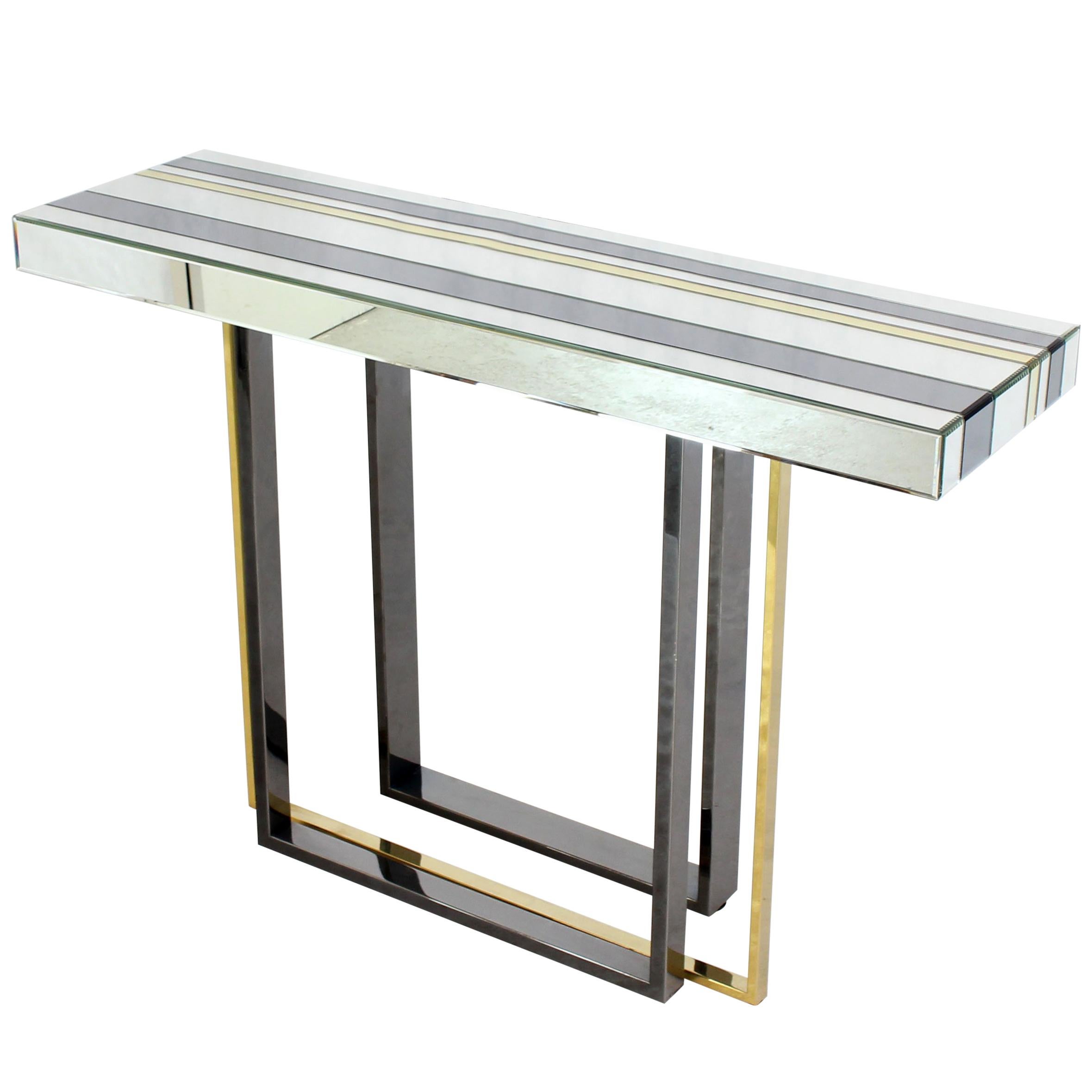 Modern Striped Mirror Tiles Top Console Smoked Chrome and Brass Legs