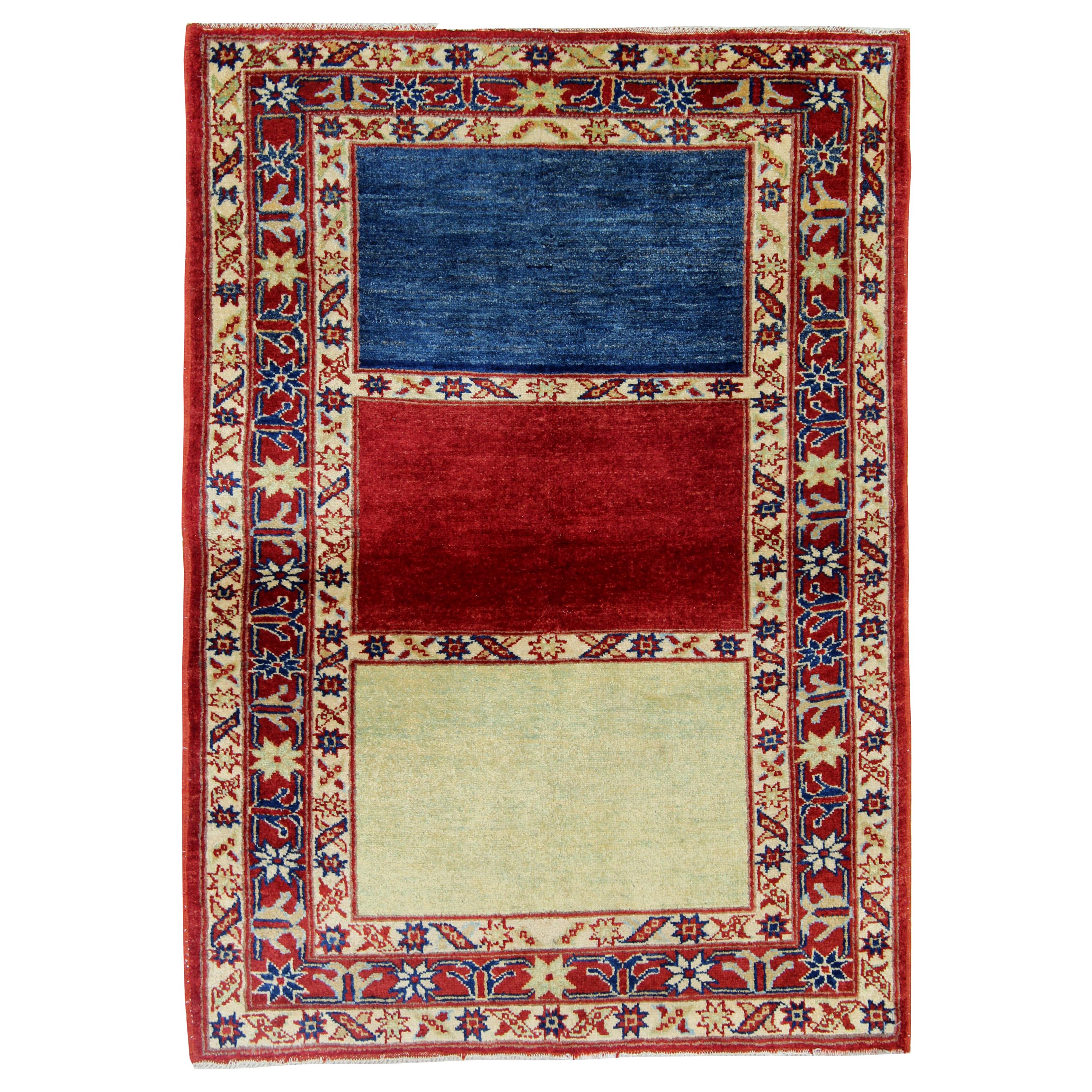 Modern Striped Rug, Kazak Handmade Carpet, Floor Afghan Rugs, Oriental Rug 