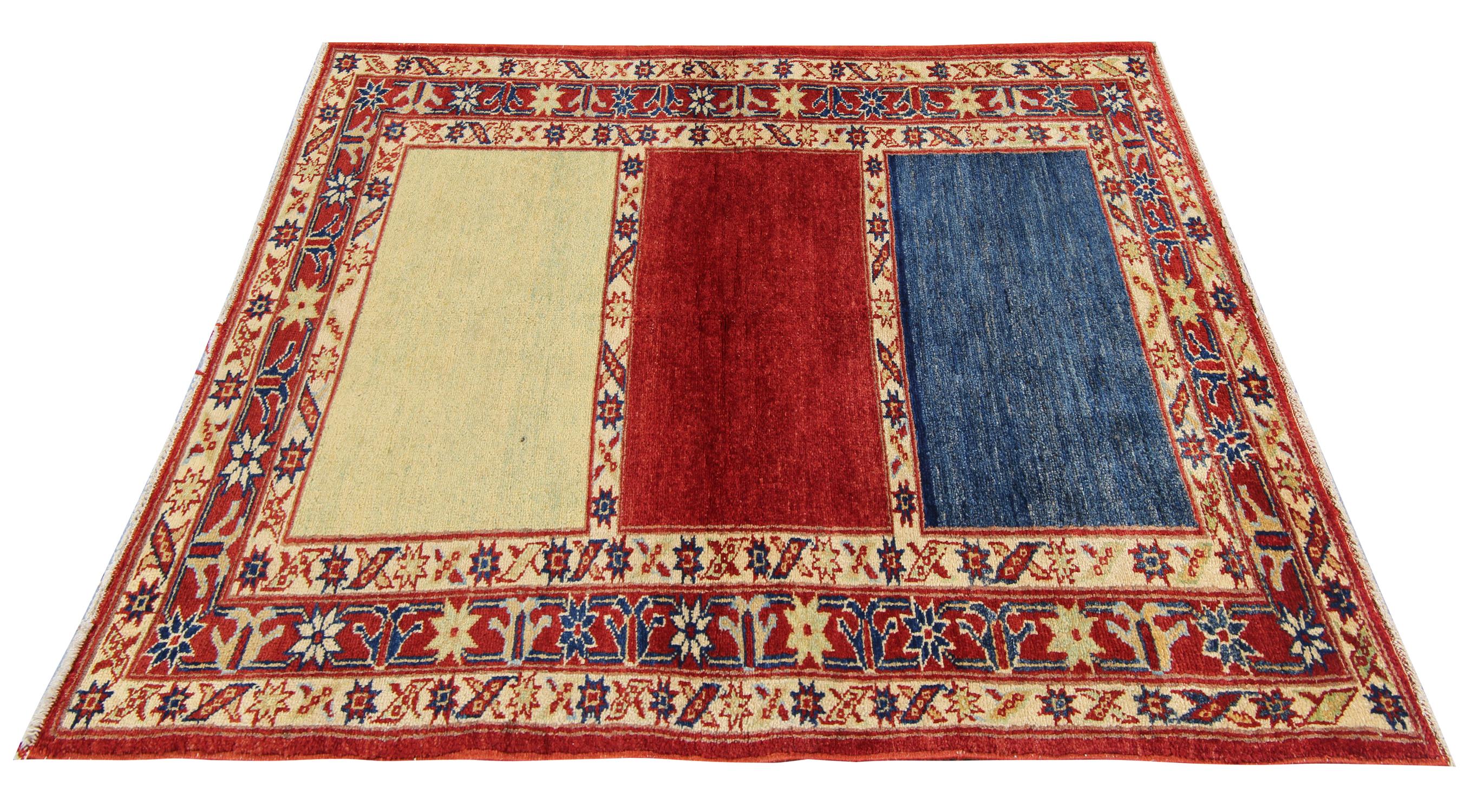 Modern gestreifter Kasachstan-Teppich, handgefertigter Teppich, Bodenteppich afghanisch, orientalischer Teppich  (Kasachisch) im Angebot