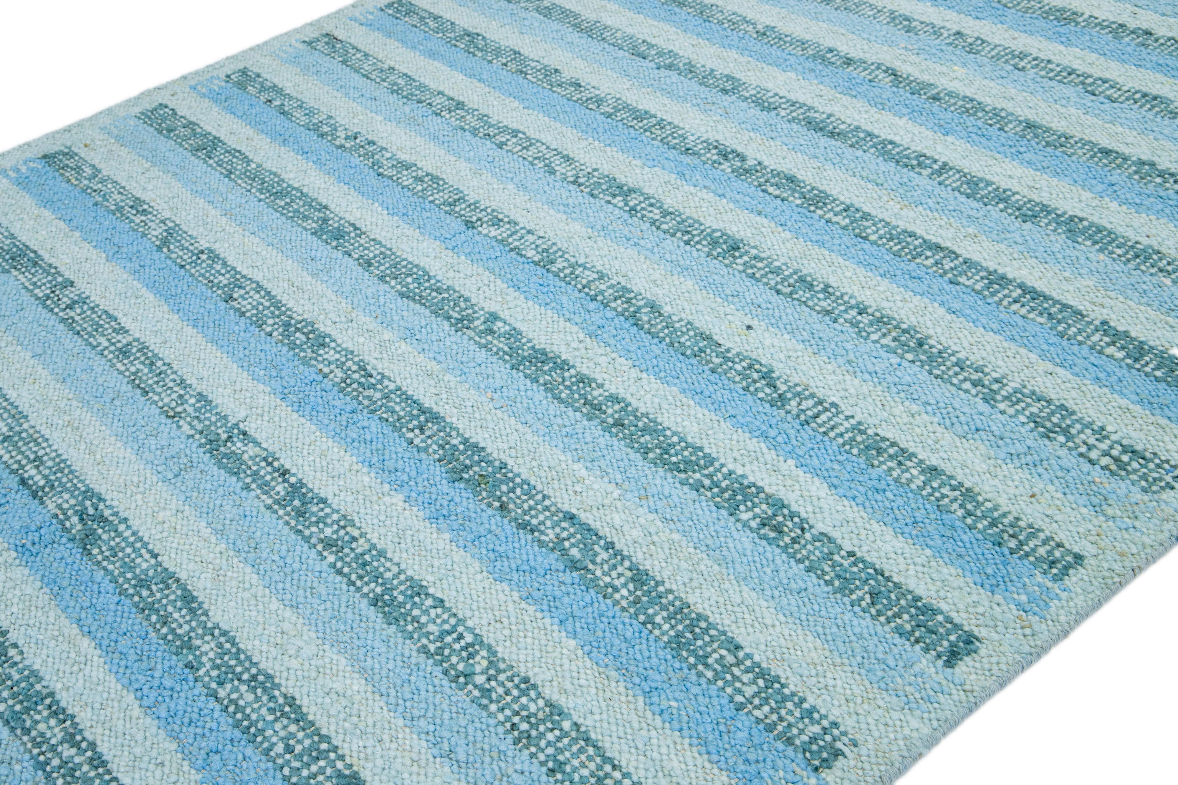 Scandinavian Modern Modern Striped Swedish Style Wool Rug Handmade With Light Blue and Green Field For Sale