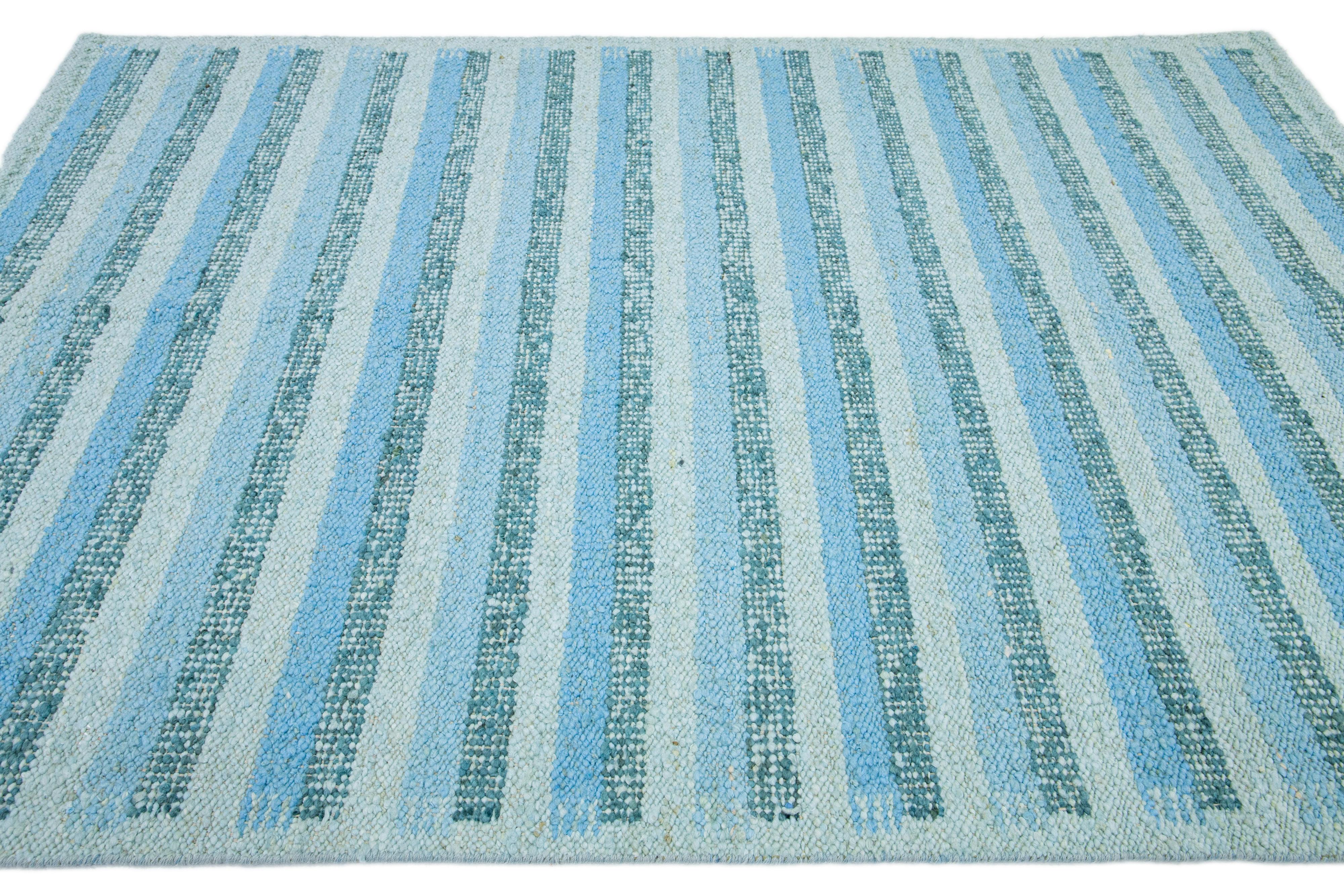 Indian Modern Striped Swedish Style Wool Rug Handmade With Light Blue and Green Field For Sale