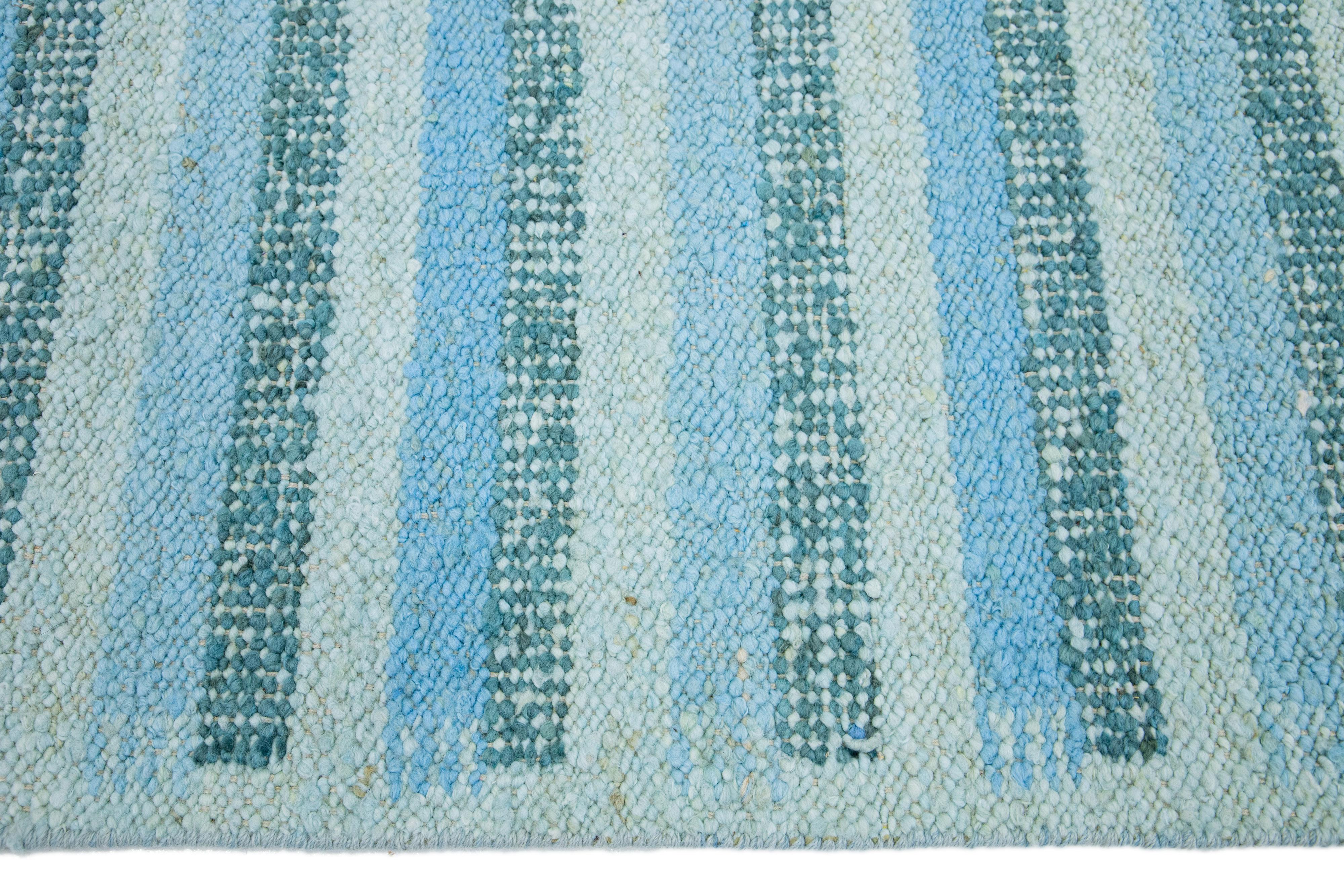 Hand-Knotted Modern Striped Swedish Style Wool Rug Handmade With Light Blue and Green Field For Sale