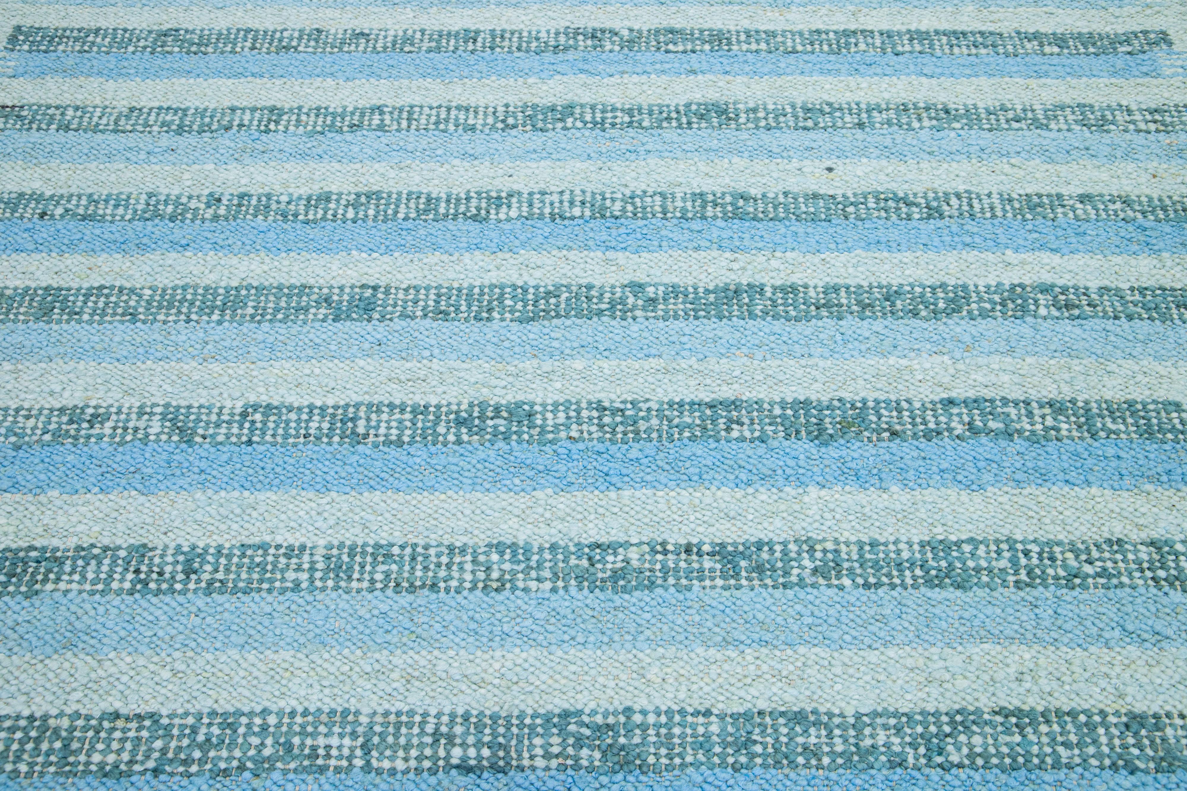Modern Striped Swedish Style Wool Rug Handmade With Light Blue and Green Field In New Condition For Sale In Norwalk, CT