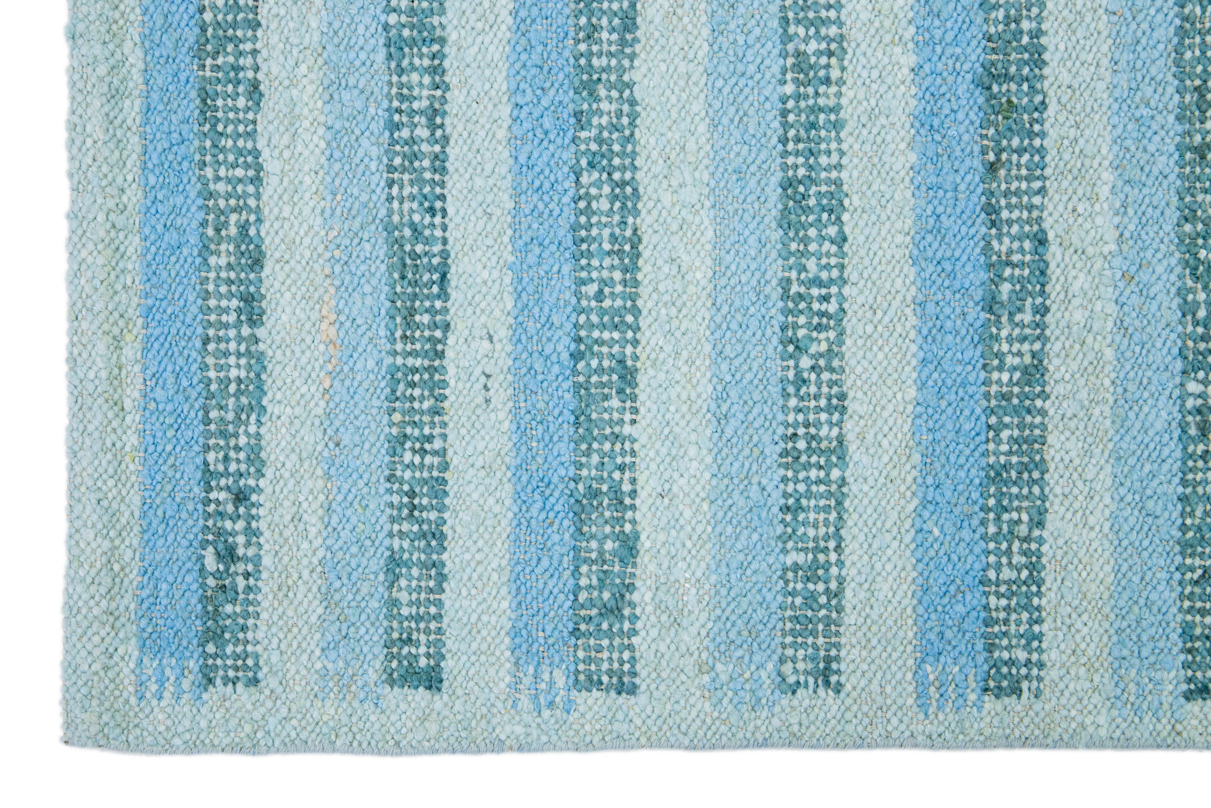 Contemporary Modern Striped Swedish Style Wool Rug Handmade With Light Blue and Green Field For Sale