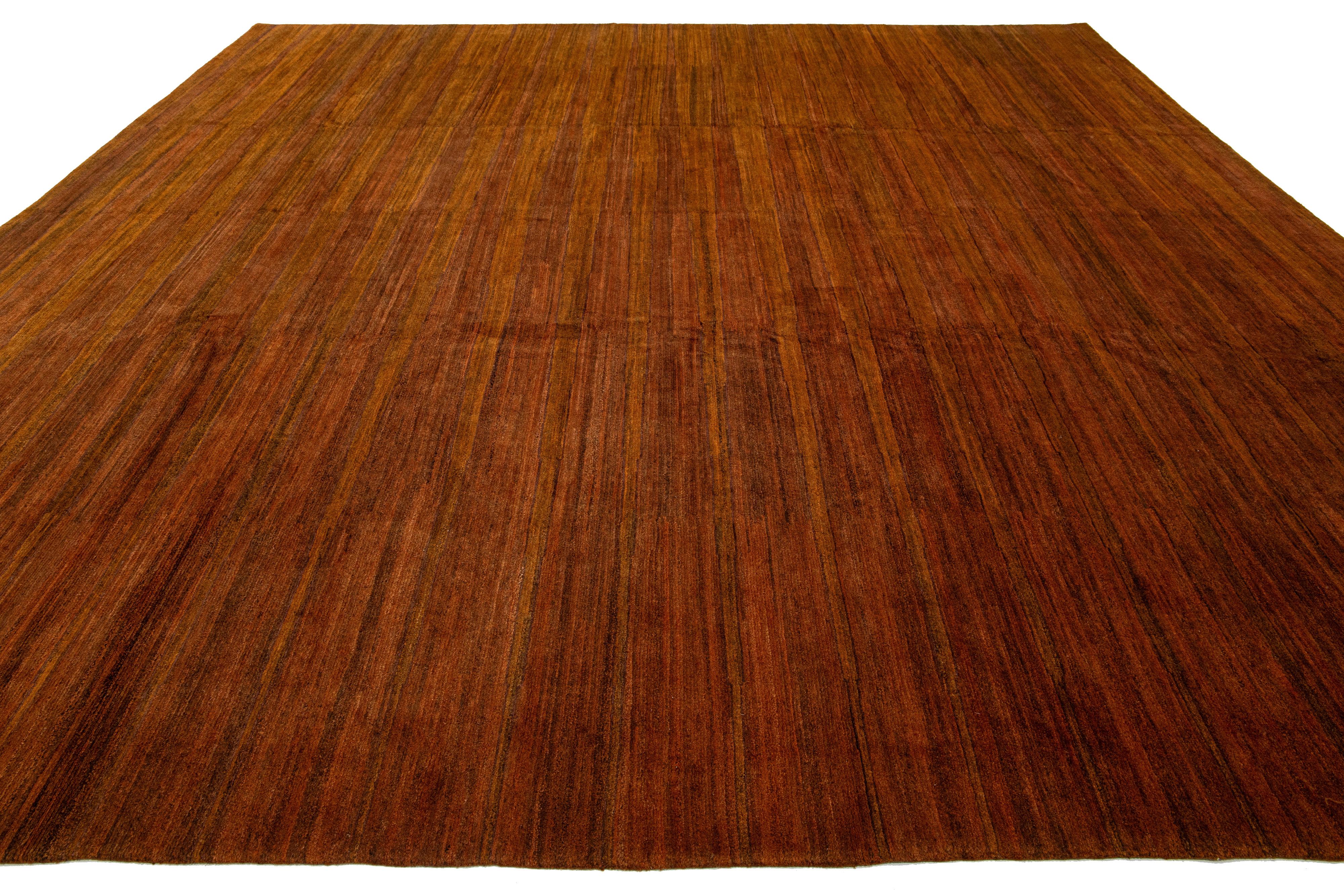 Hand-Knotted Modern Striped Tibetan Square Wool & Silk Rug With Earthy Tones For Sale