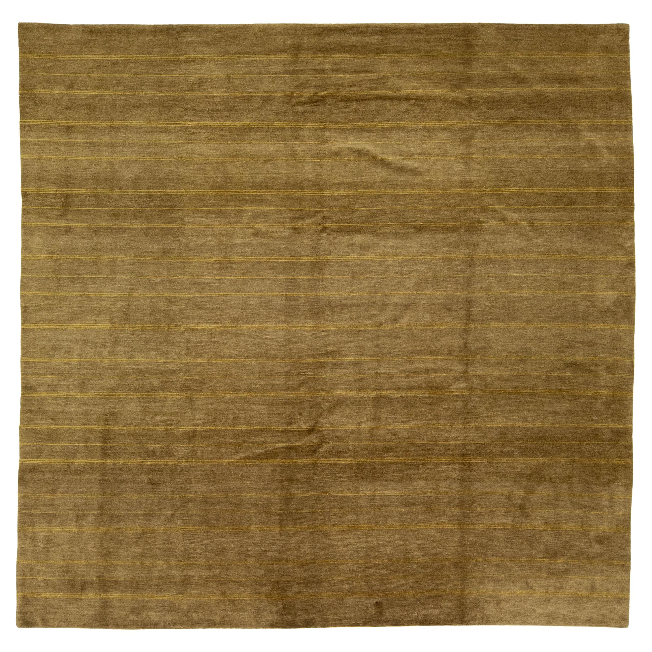Modern Striped Tibetan Wool & Silk Rug In Taupe Color