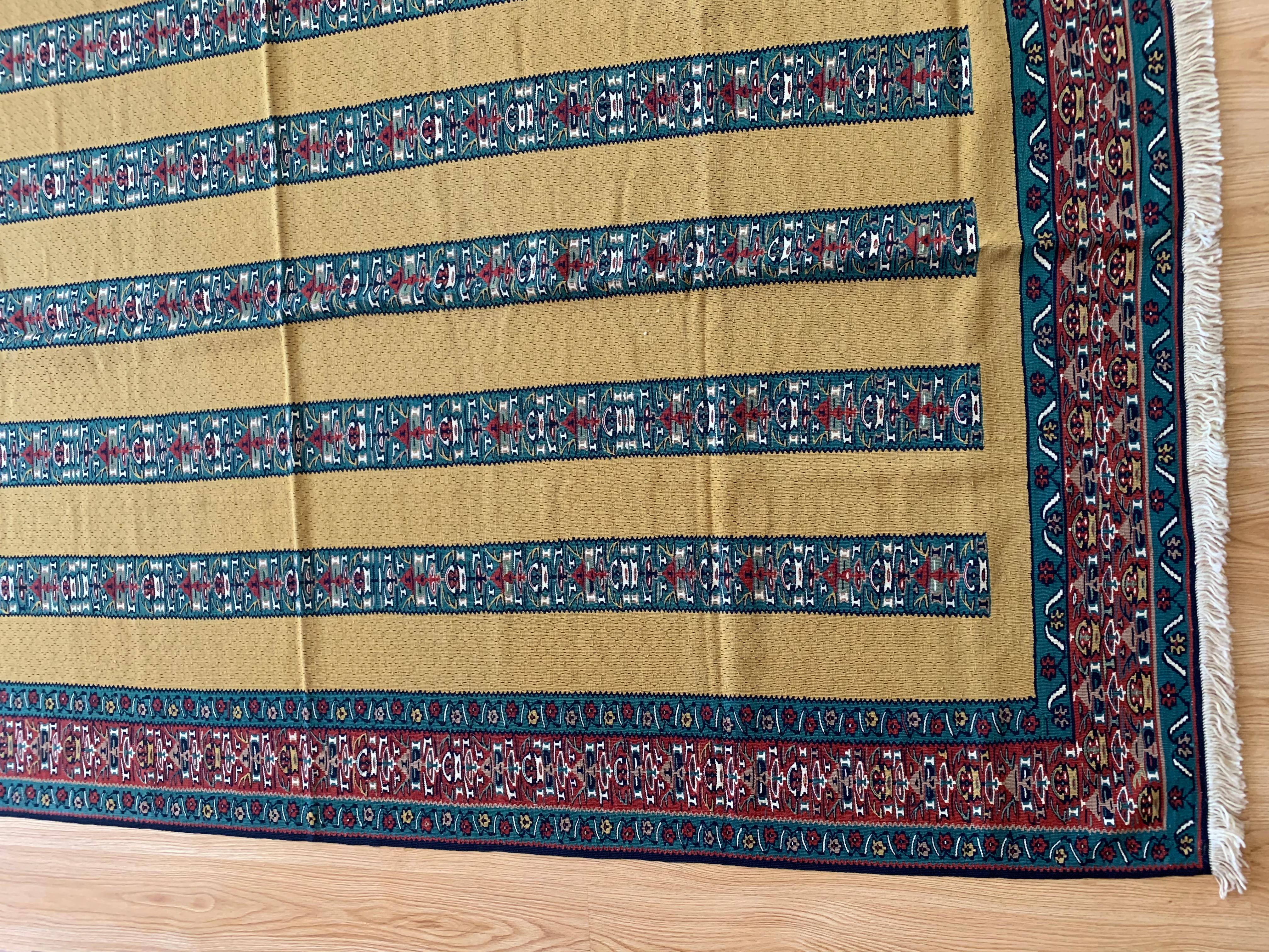 Modern Striped Yellow Kilim Rug Handwoven Oriental Wool Carpet For Sale 4