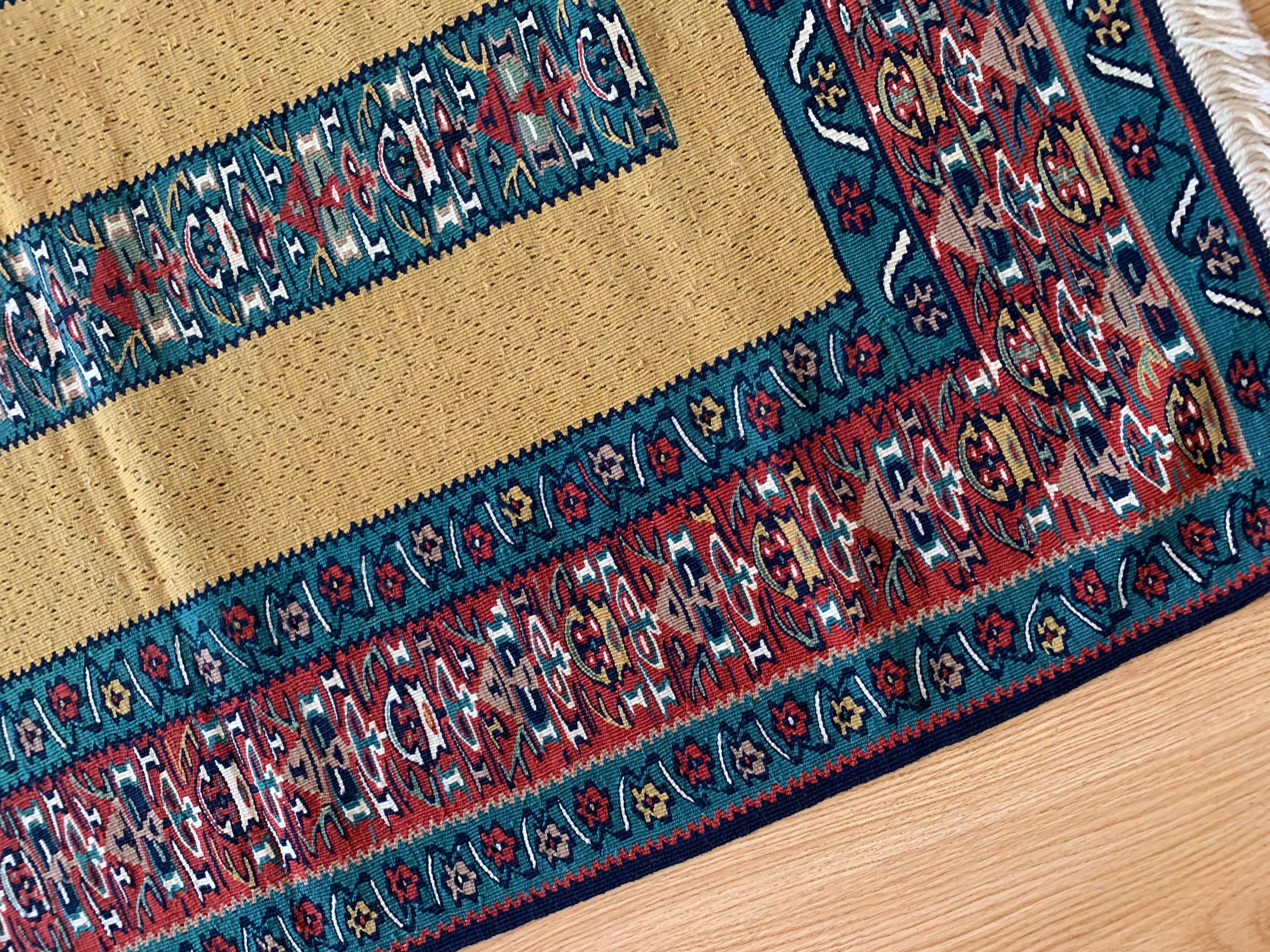 Modern Striped Yellow Kilim Rug Handwoven Oriental Wool Carpet For Sale 5