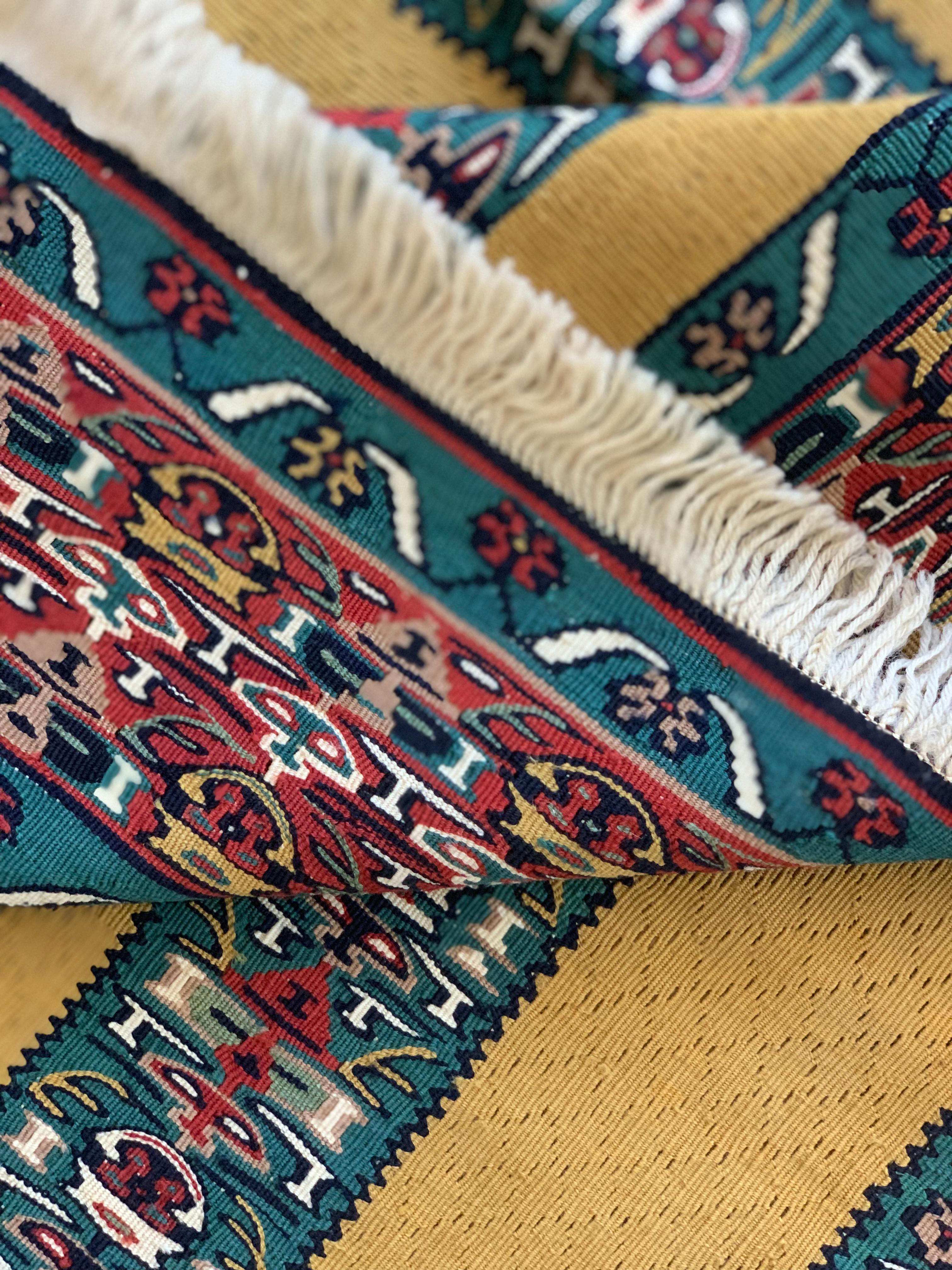 Modern Striped Yellow Kilim Rug Handwoven Oriental Wool Carpet For Sale 10