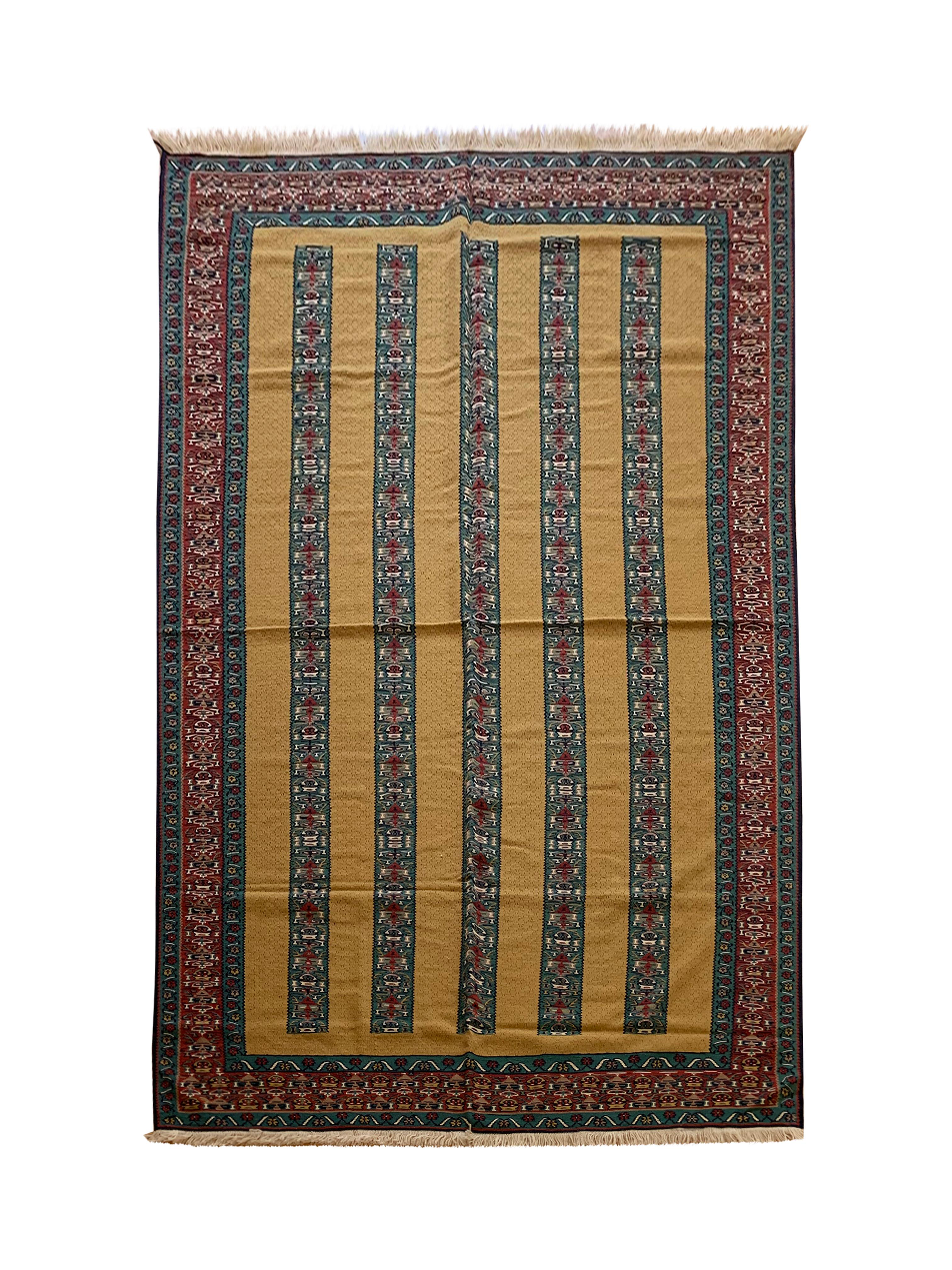 This beautiful pure wool carpet is a handmade, flatwoven kilim woven in the early 21st century, circa 2010. It is unused and so is in excellent condition. The design features a bold medallion design woven on a yellow background with blue, red and
