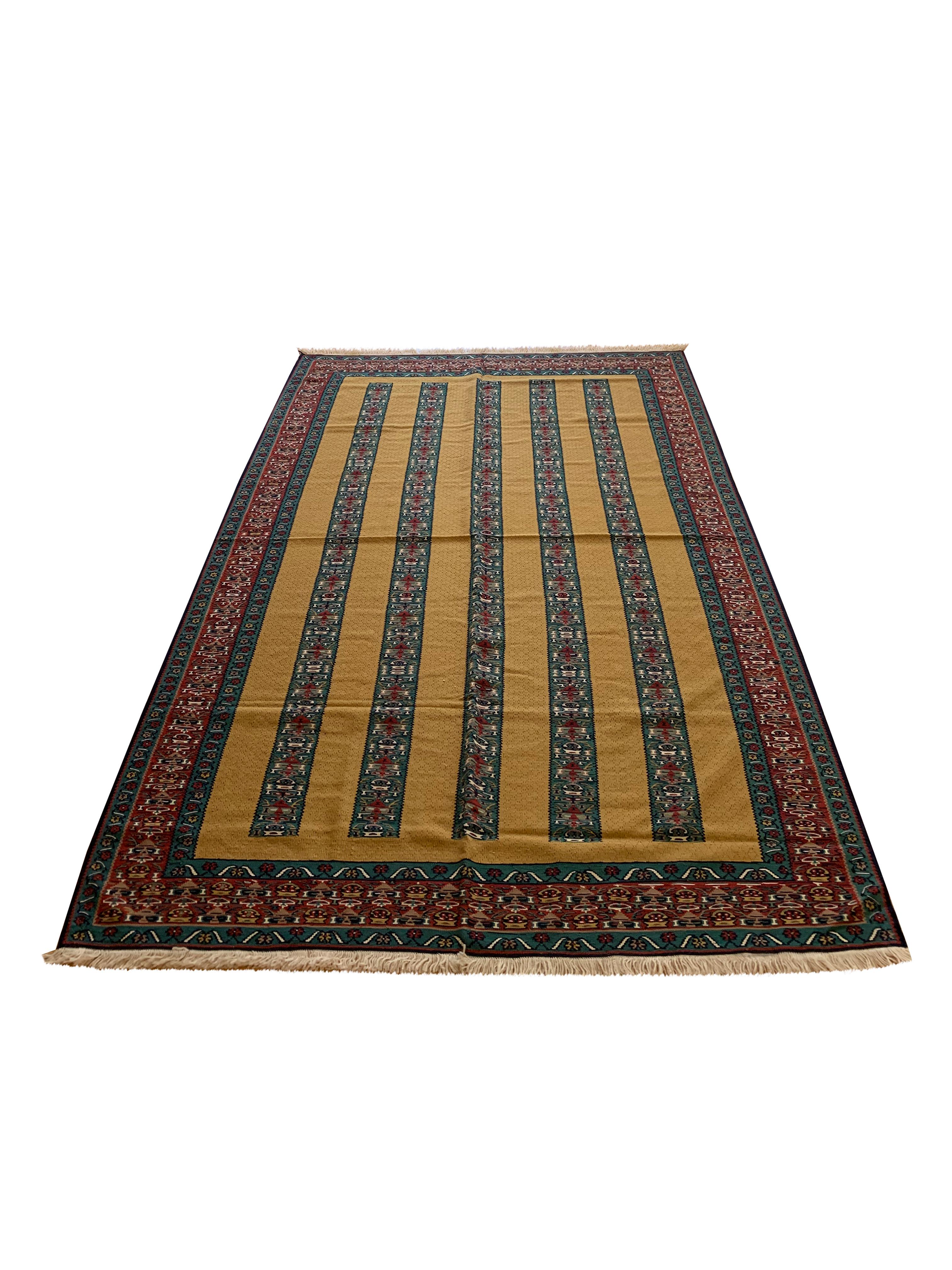 Tribal Modern Striped Yellow Kilim Rug Handwoven Oriental Wool Carpet For Sale
