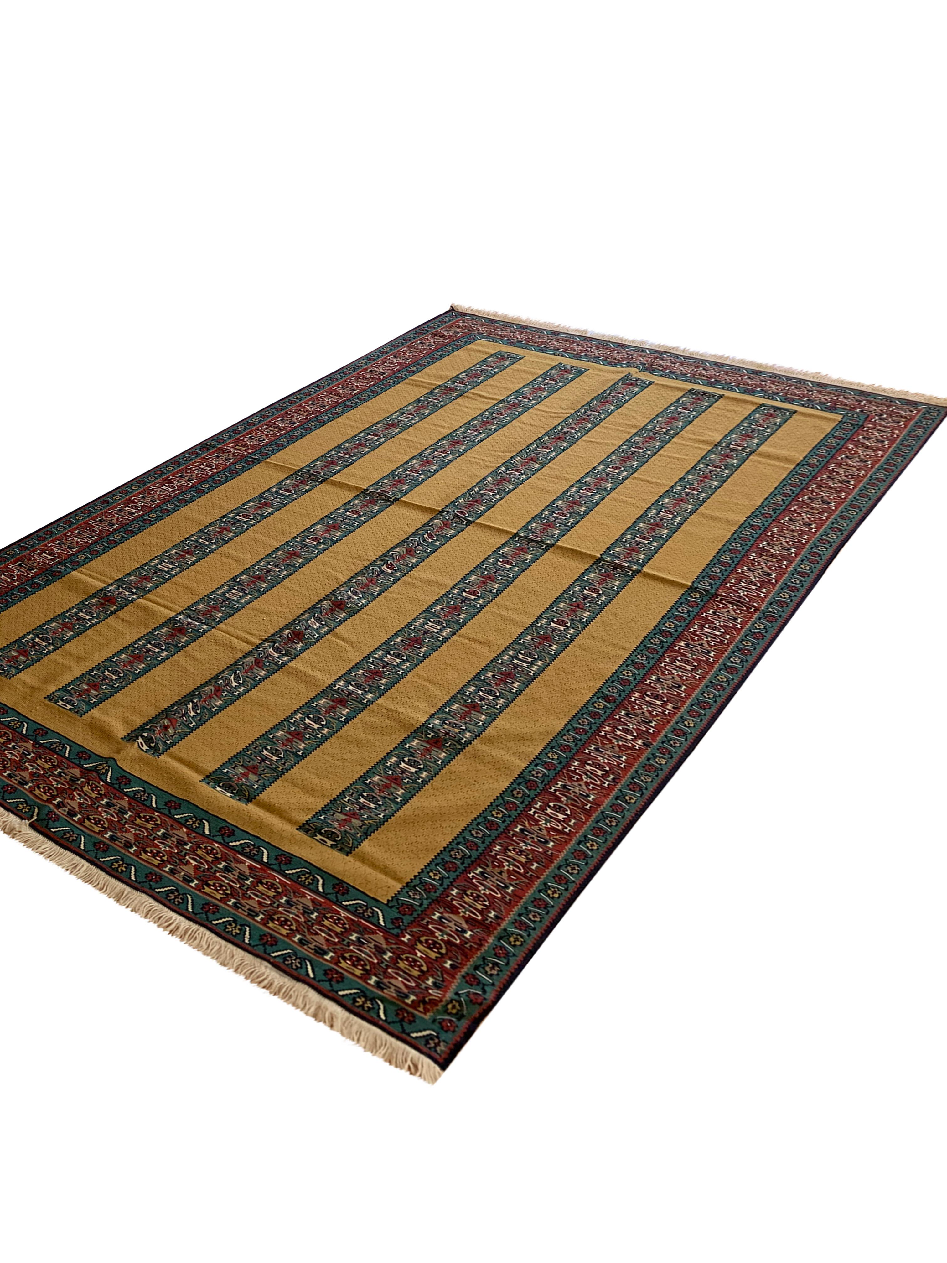 Iraqi Modern Striped Yellow Kilim Rug Handwoven Oriental Wool Carpet For Sale