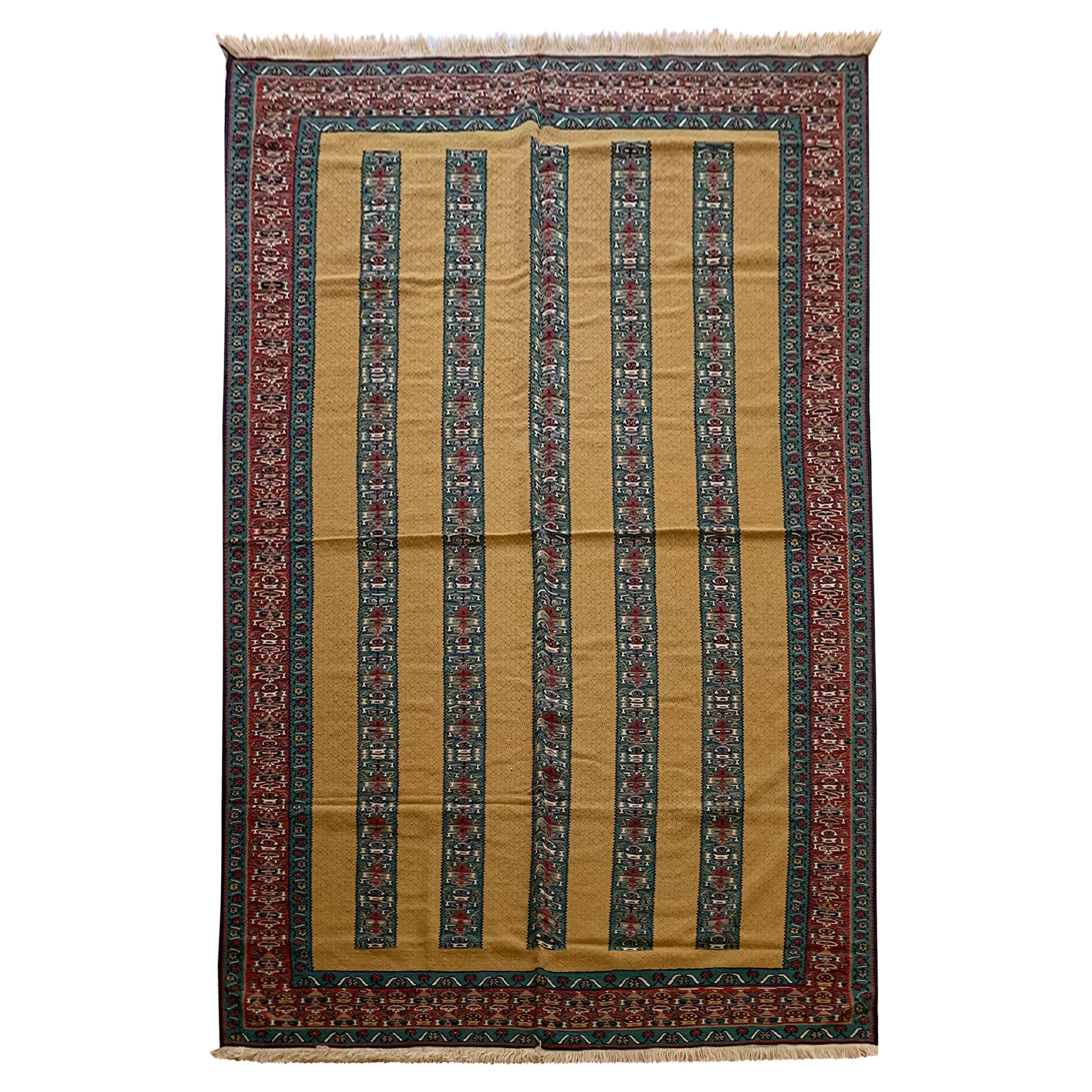 Modern Striped Yellow Kilim Rug Handwoven Oriental Wool Carpet For Sale