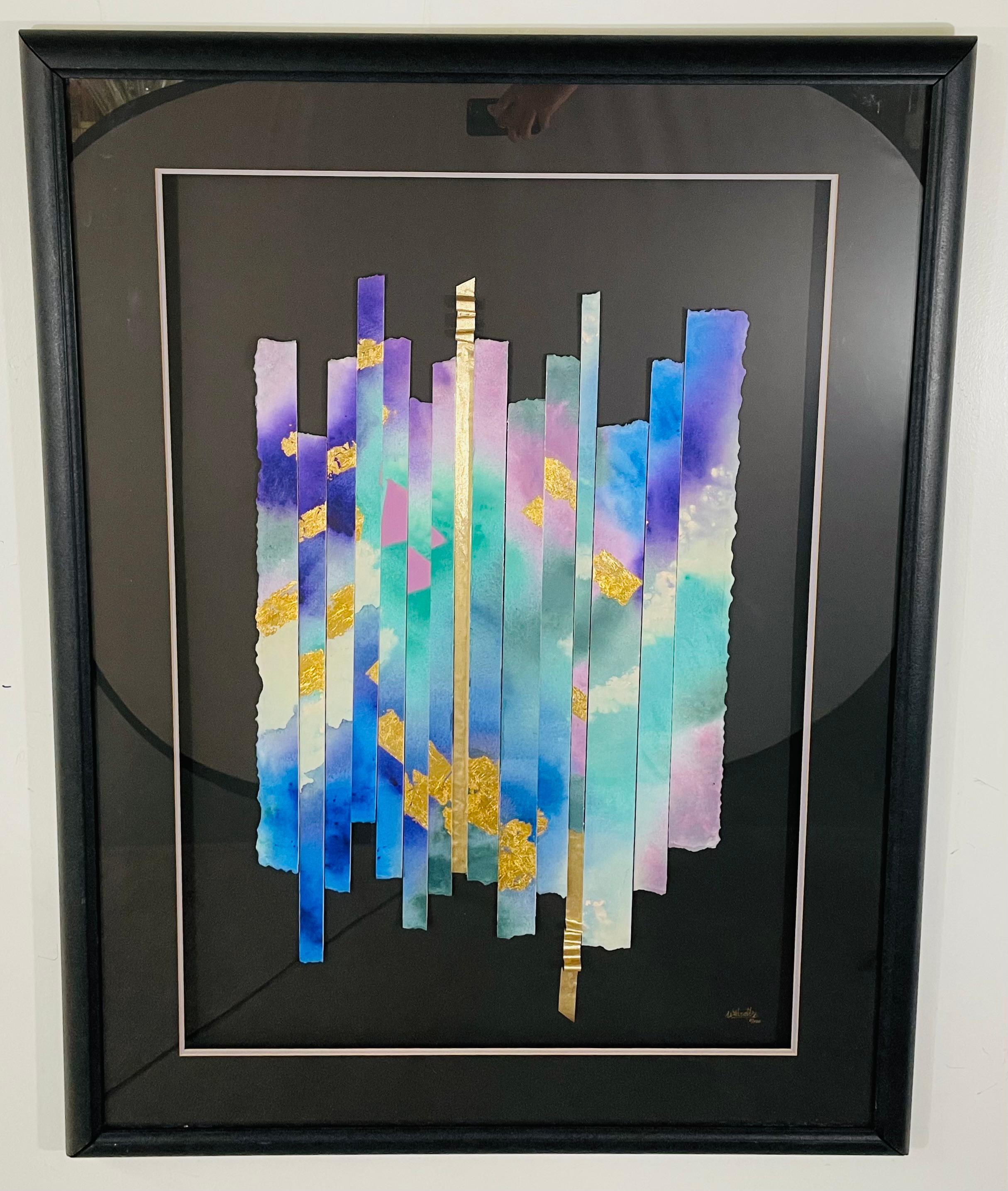 A Modern mixed media print featuring multicolor strips in purple, blue, turquoise, white and gold tone on a black background. The art work is numbered 5/500 , signed by the artist also matted and framed in black. 

Dimensions: 33