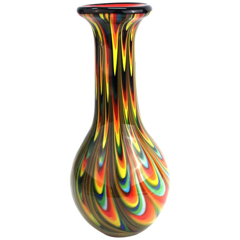 Modern Studio Art Glass Vase in Multicolored Swags and Red Interior at