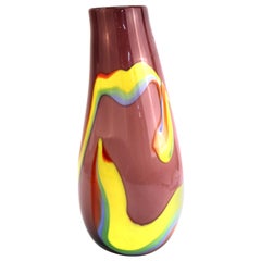 Modern Studio Art Glass Vase With Multicolored Expressionist Lines