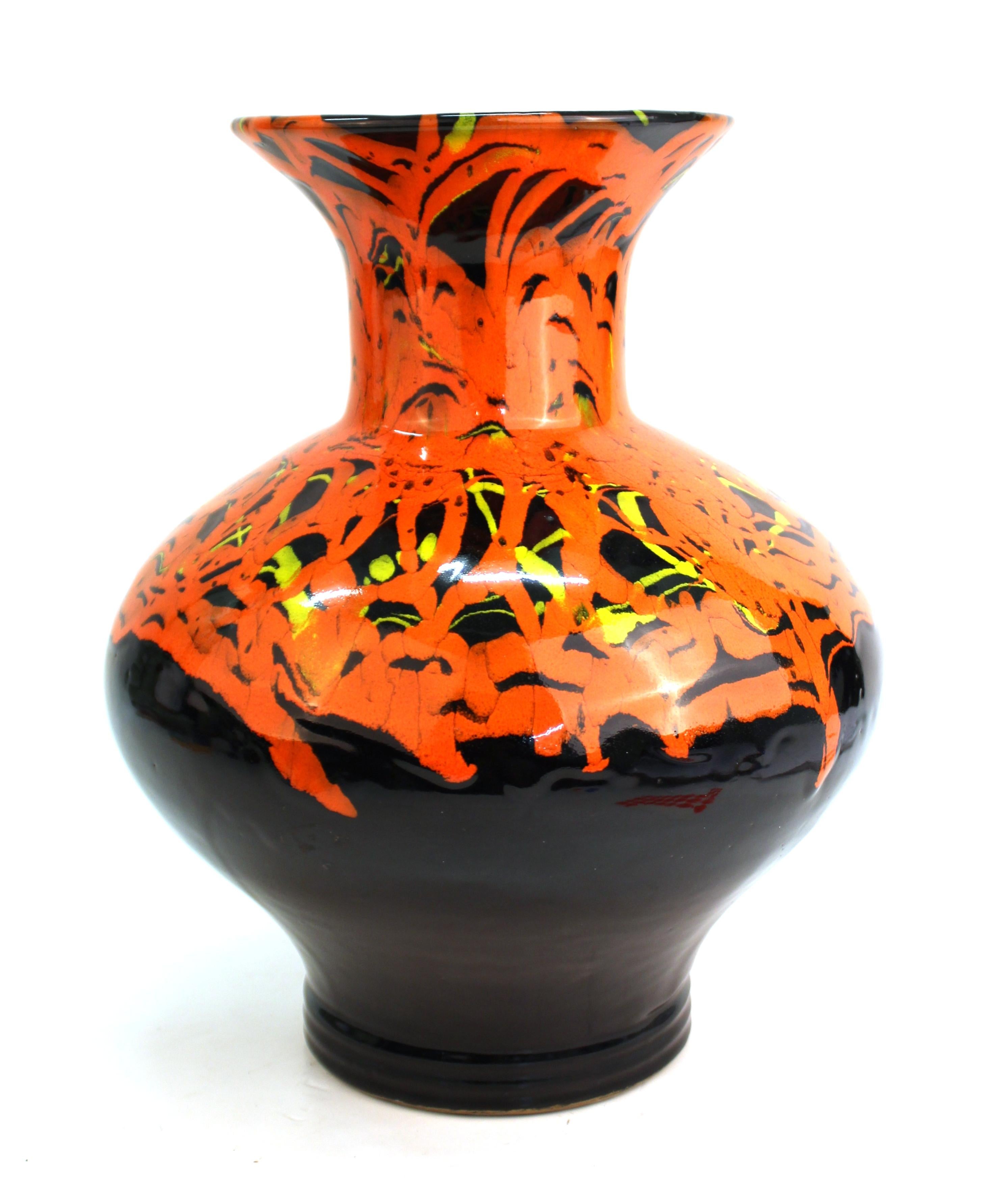 Glazed Modern Studio Art Pottery Baluster Vase With Orange-Red Drip Glaze