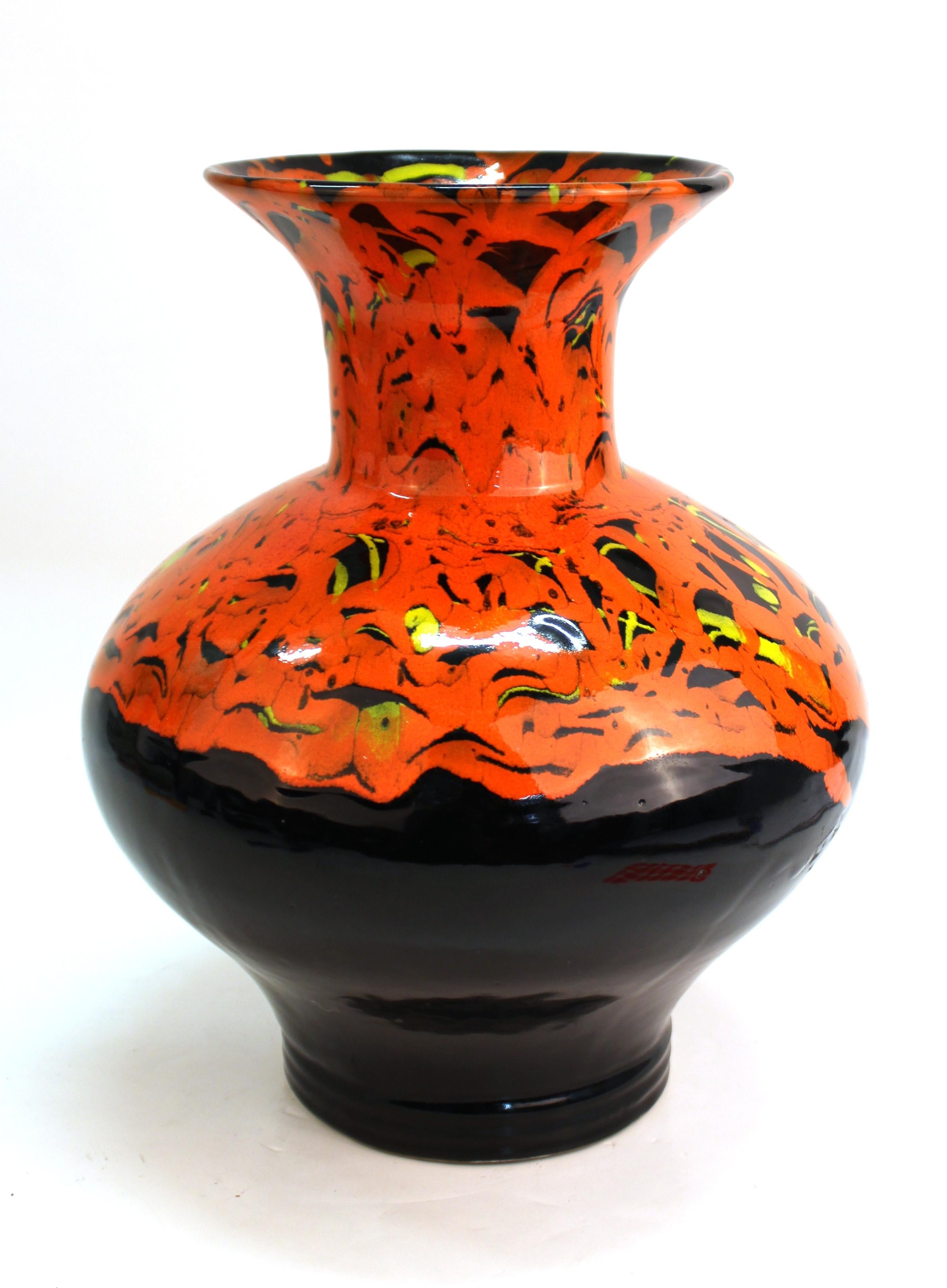Modern Studio Art Pottery Baluster Vase With Orange-Red Drip Glaze In Good Condition In New York, NY