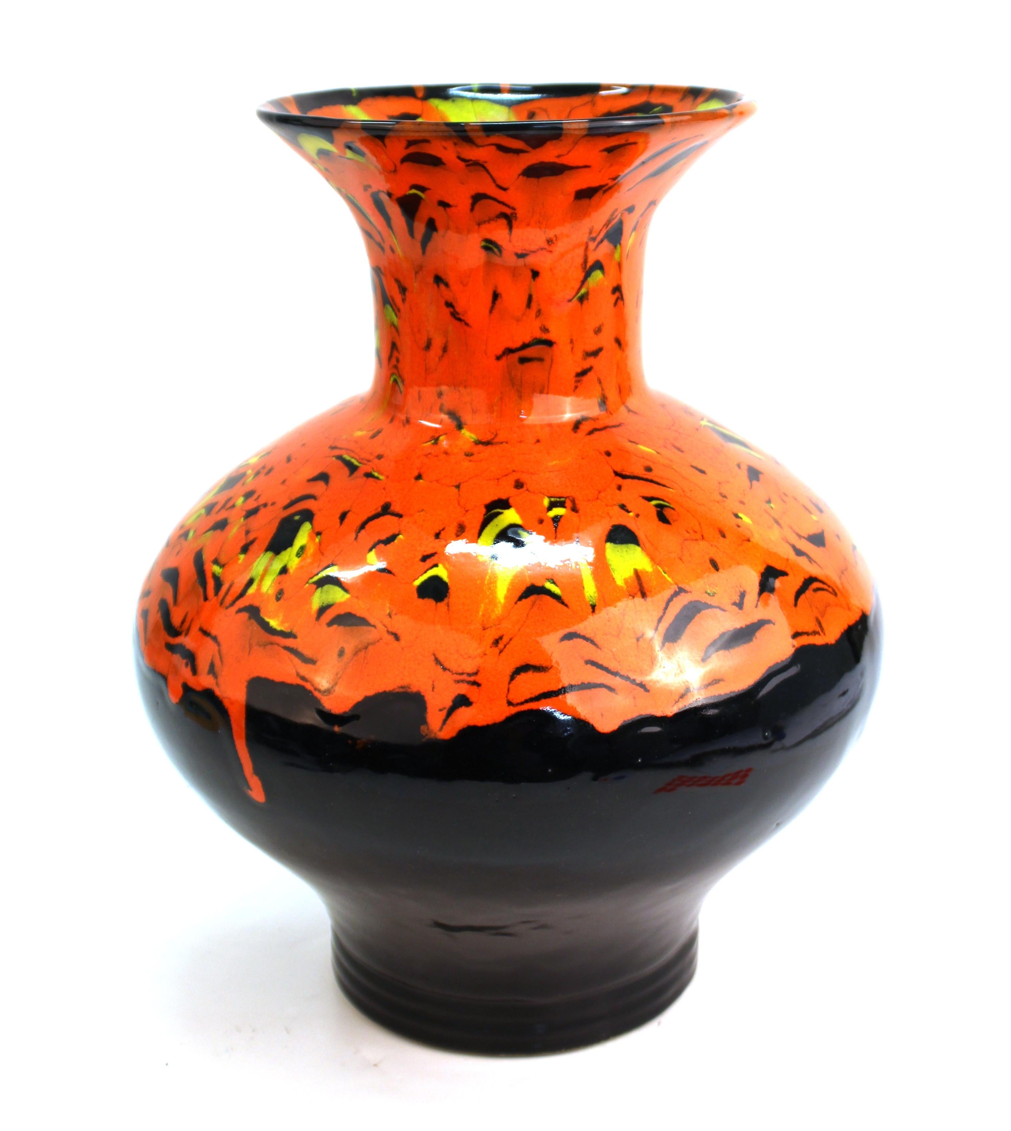 20th Century Modern Studio Art Pottery Baluster Vase With Orange-Red Drip Glaze