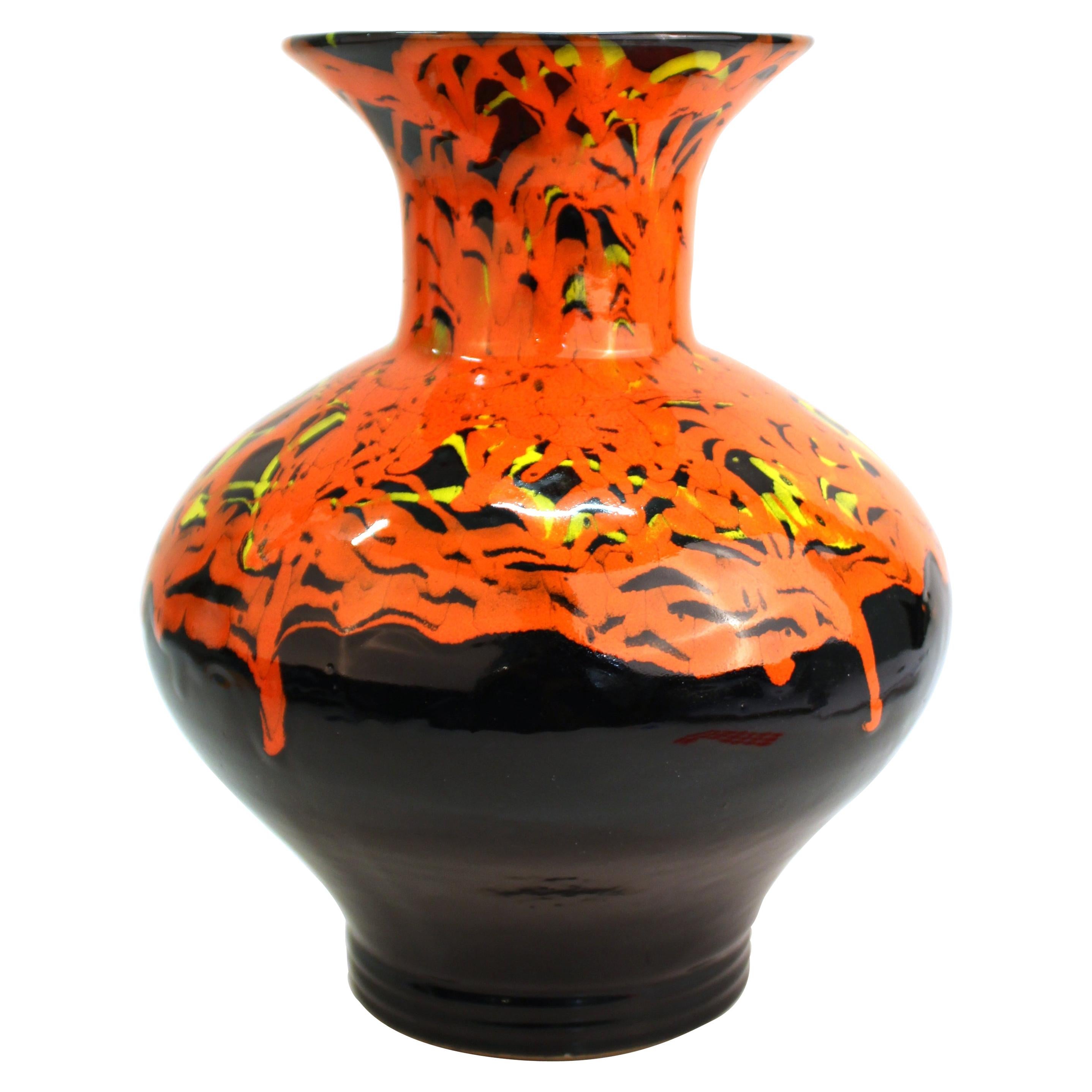 Modern Studio Art Pottery Baluster Vase With Orange-Red Drip Glaze