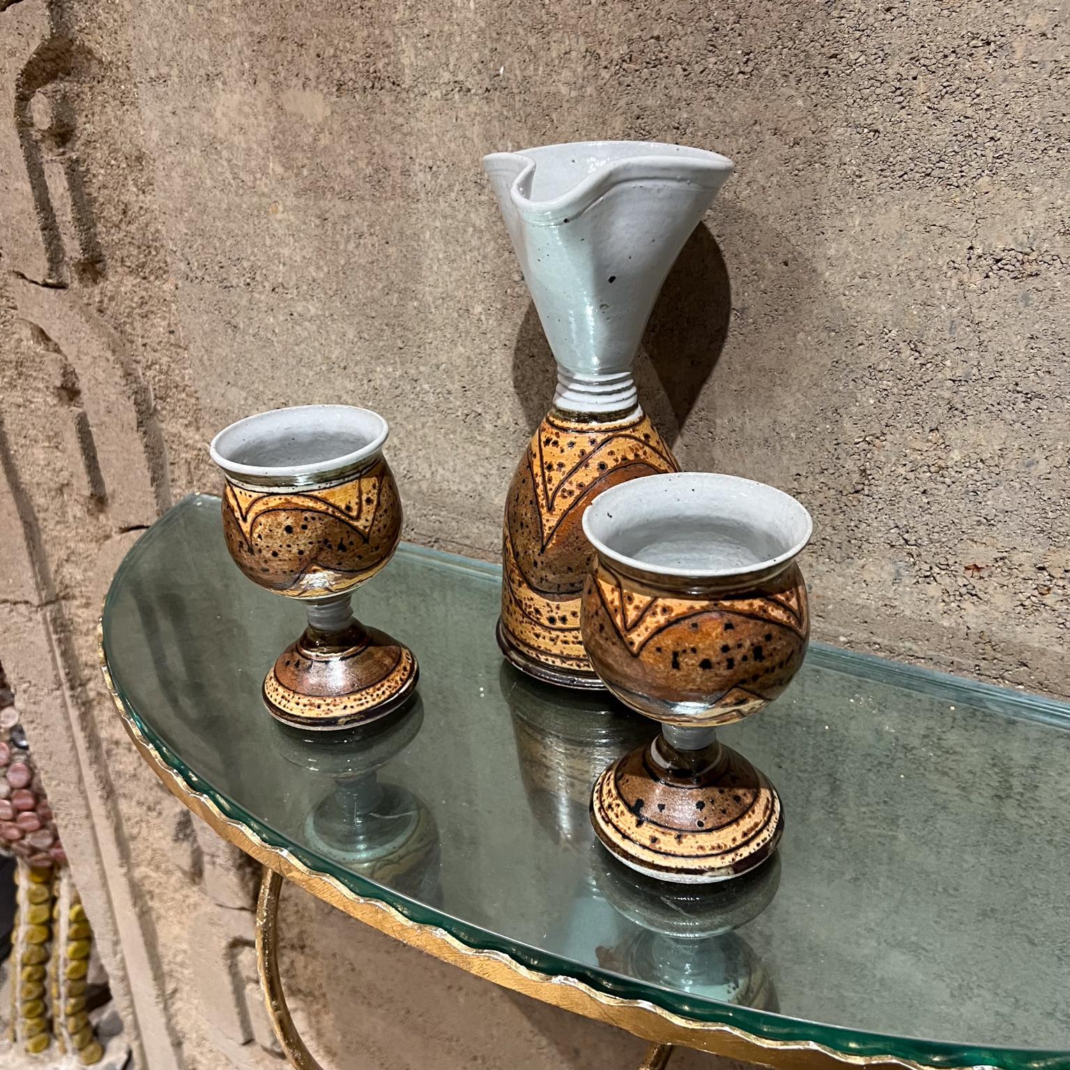 Contemporary Modern Studio Art Pottery Wine Carafe Set 2 Goblets For Sale