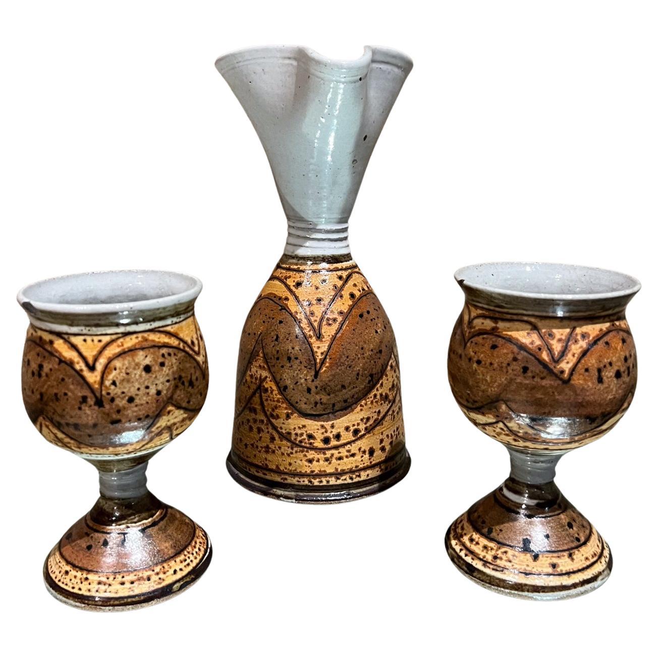 Modern Studio Art Pottery Wine Carafe Set 2 Goblets For Sale