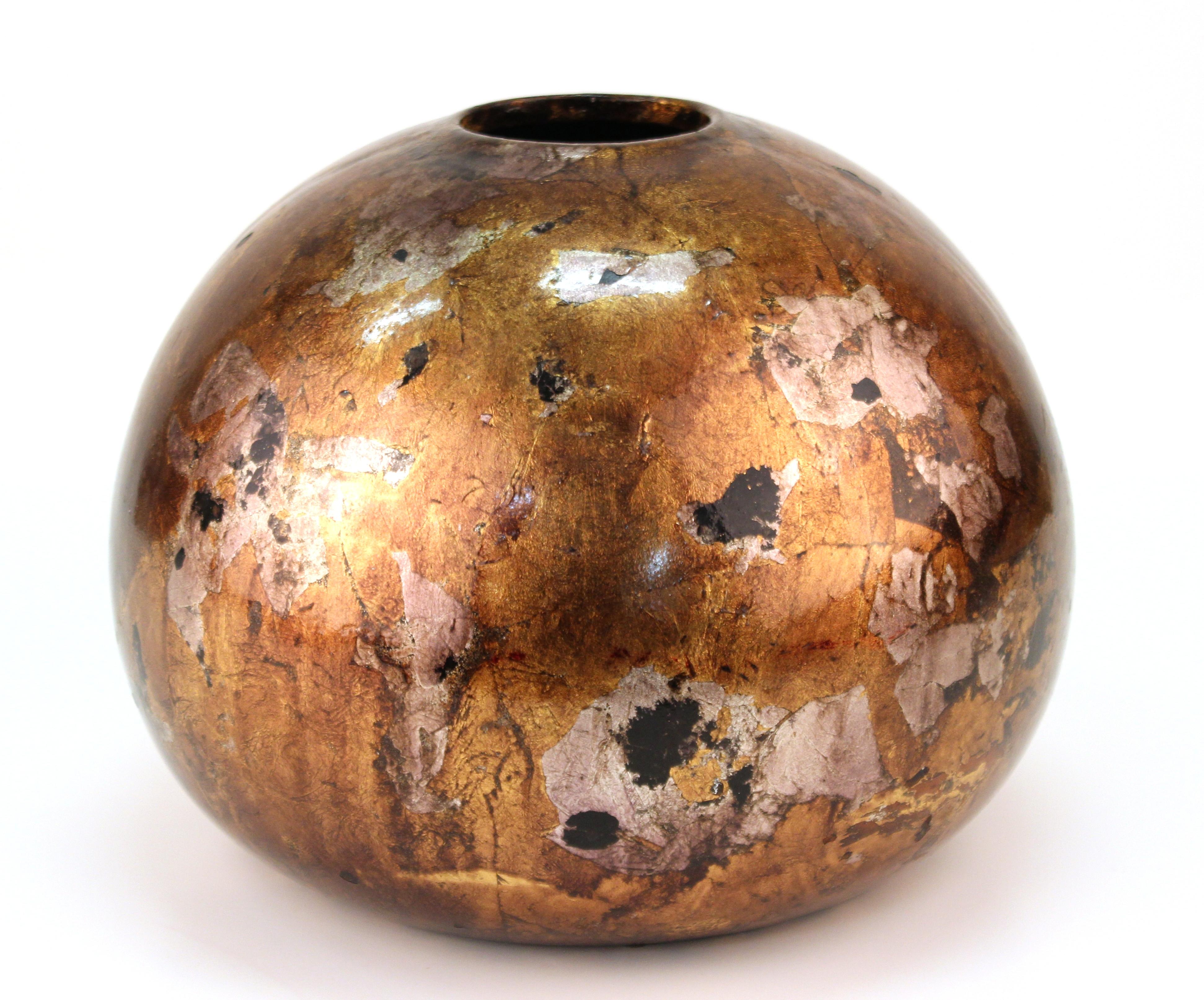 Modern studio ceramic art bulb-shaped vase with inclusions of gold and silver foil. The piece is unmarked on the bottom and in great vintage condition.