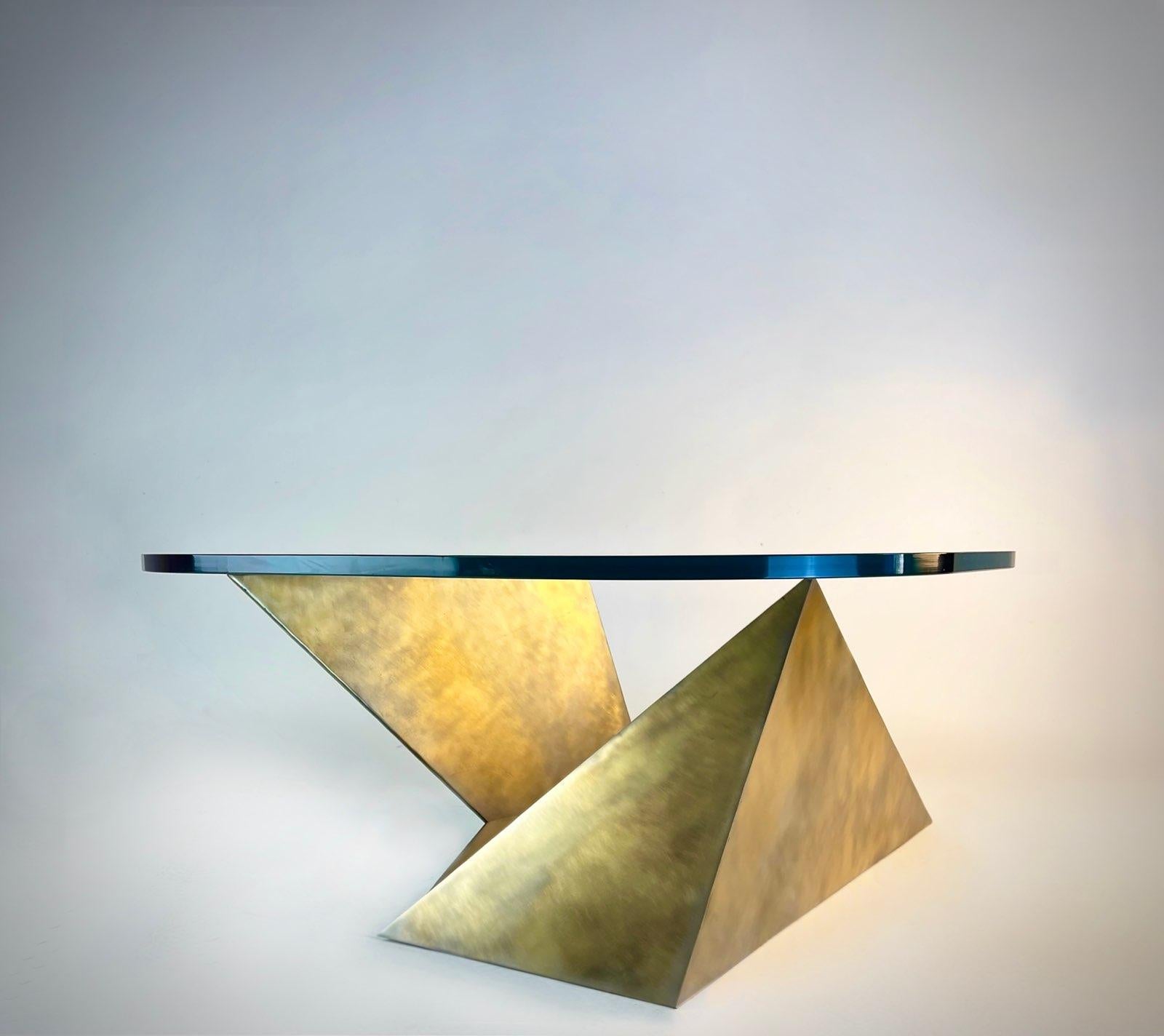 American Modern Studio Craft Brass Plated Steel Geometric Coffee Table Glass Top