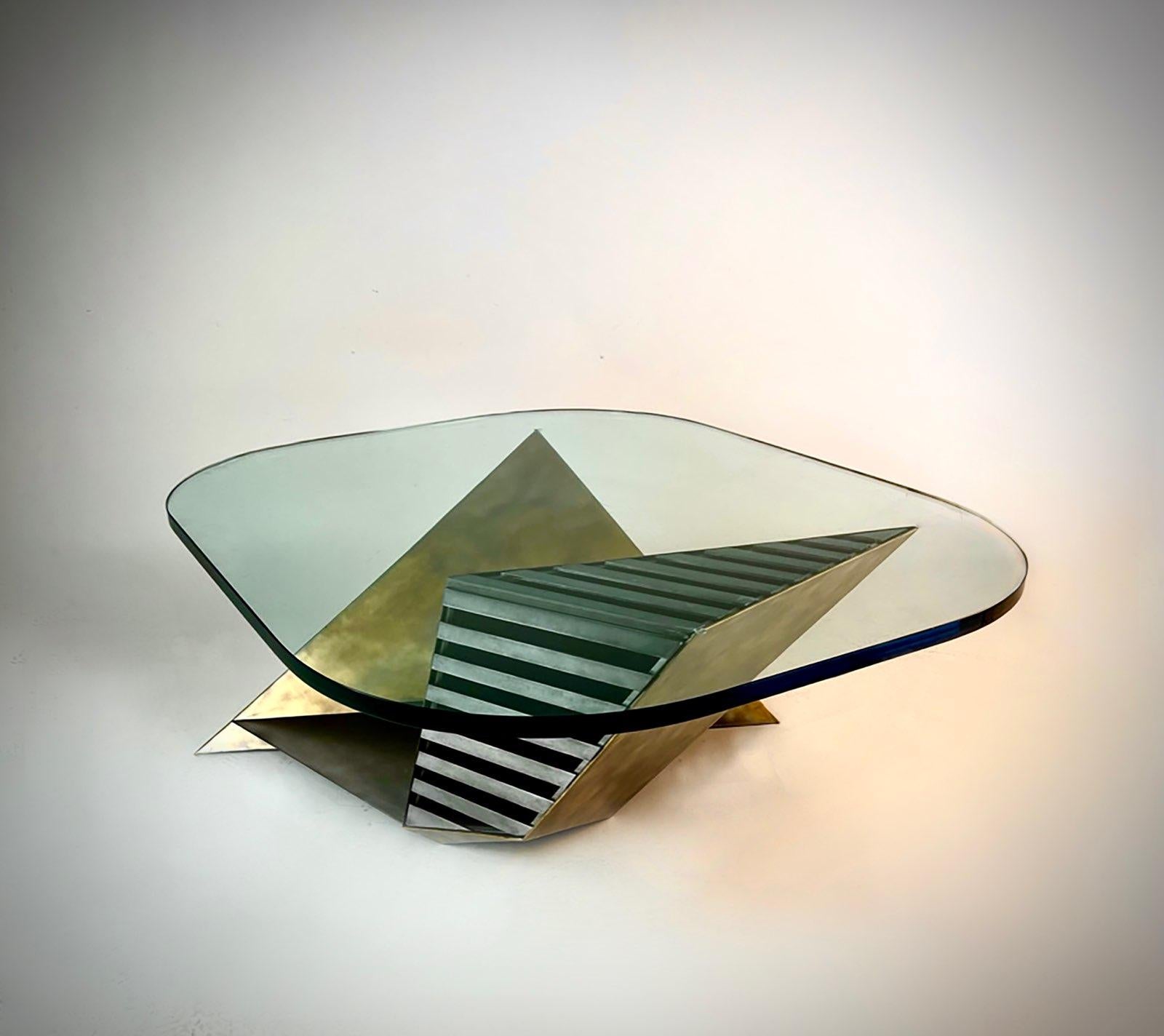 Welded Modern Studio Craft Brass Plated Steel Geometric Coffee Table Glass Top