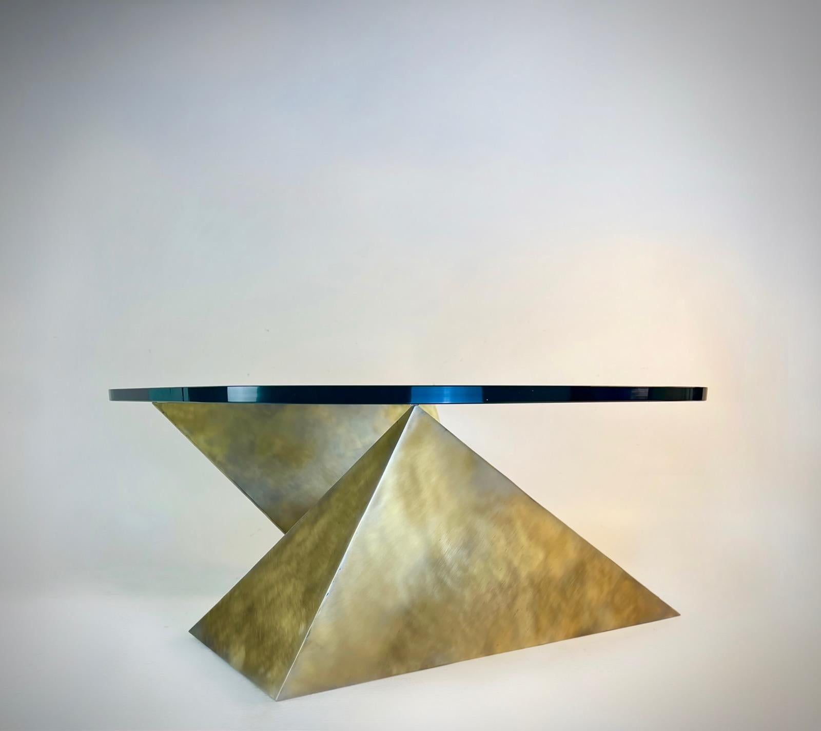 Modern Studio Craft Brass Plated Steel Geometric Coffee Table Glass Top In Good Condition In BROOKLYN, NY