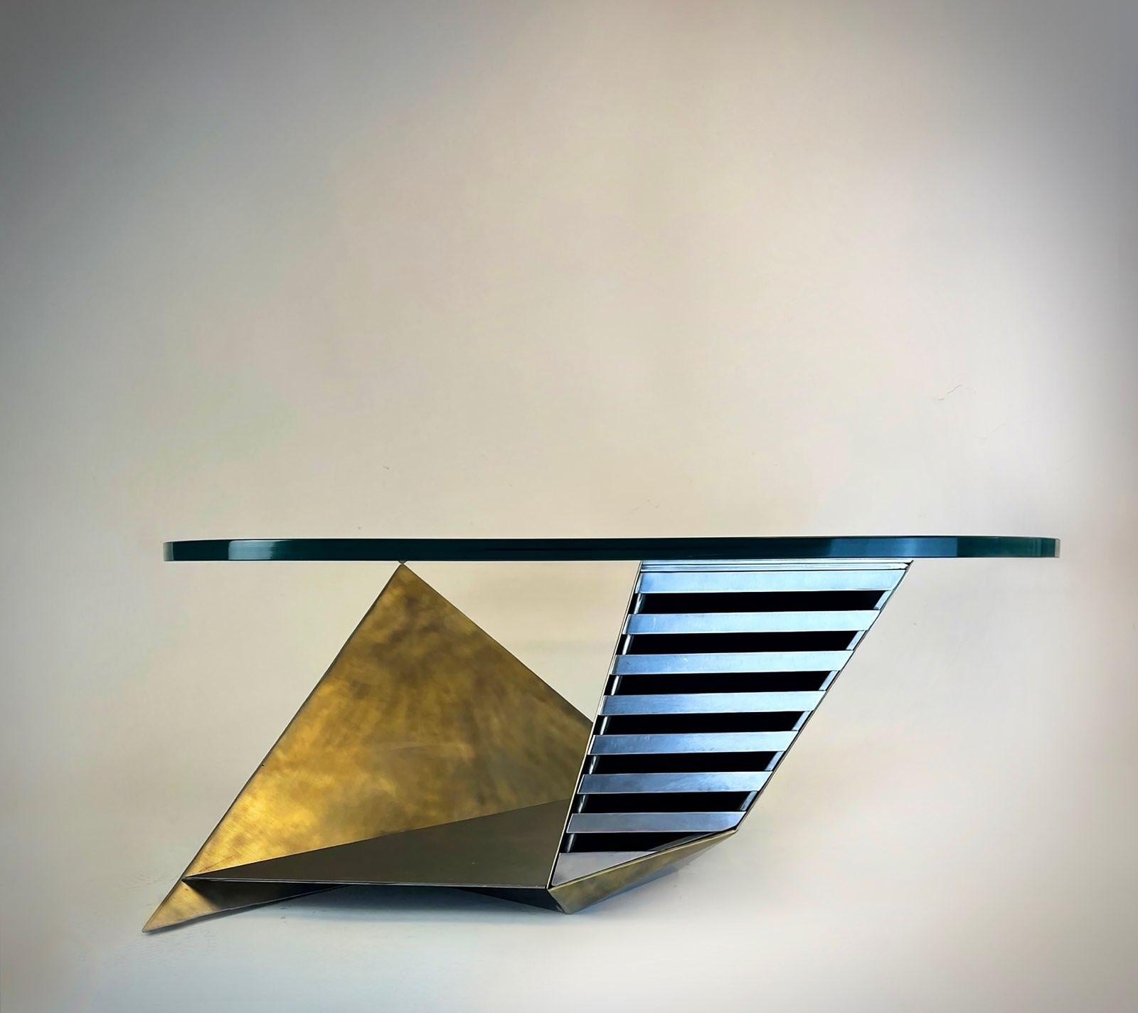 Contemporary Modern Studio Craft Brass Plated Steel Geometric Coffee Table Glass Top