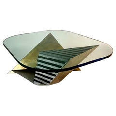 Modern Studio Craft Brass Plated Steel Geometric Coffee Table Glass Top