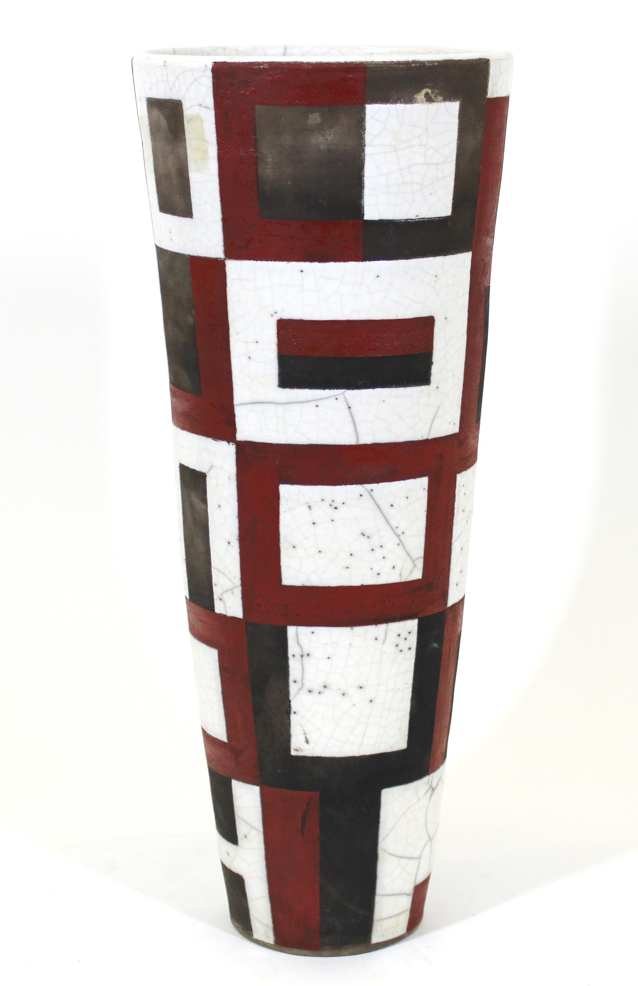 Modern studio pottery ceramic tall vase with abstract geometric motif, marked on bottom.