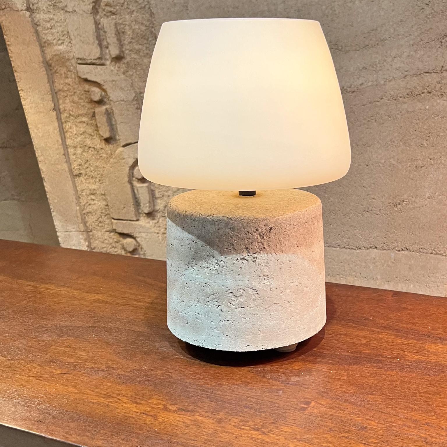 Studio Table Lamp Rammed Raw Earth Base meets Midcentury Frosted Glass Sculptural Shade.
14 h x 9.25 diameter
One of kind.
Original vintage with new cord, new socket. Ready to go.
Refer to images provided please.