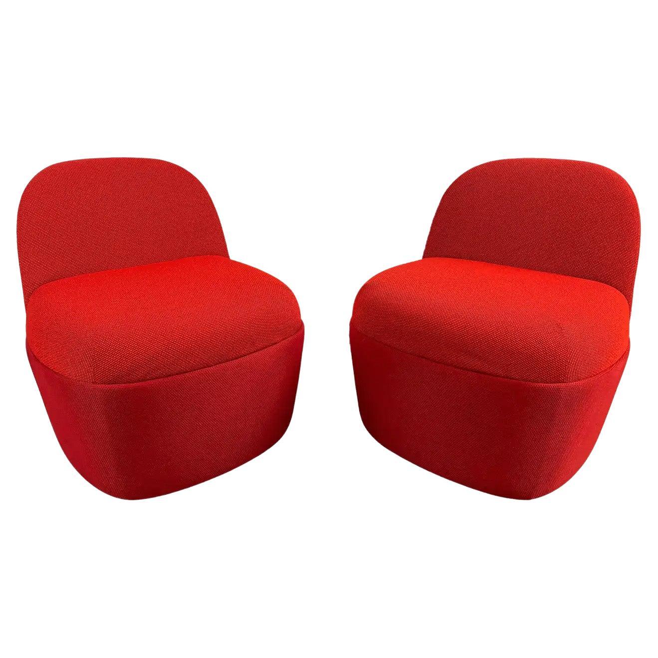 Modern Studio TK Custom Red Knit Fabric Slipper Chair or Pouf with Back, a Pair  For Sale